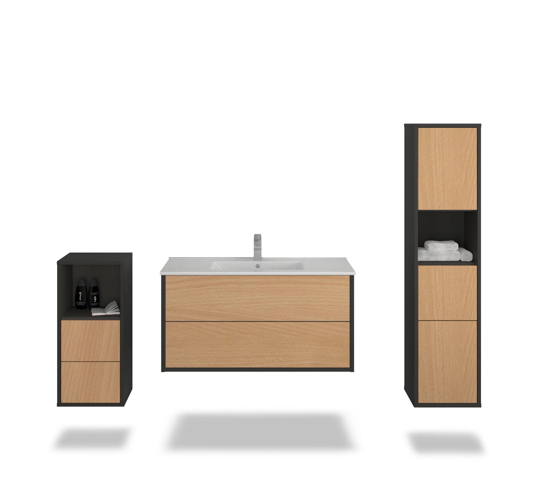 Badmöbelset - 3-Teilig Hades VI-V - Holz-Dekor/Anthrazit - Wandmontage - Push to Open - 100 cm