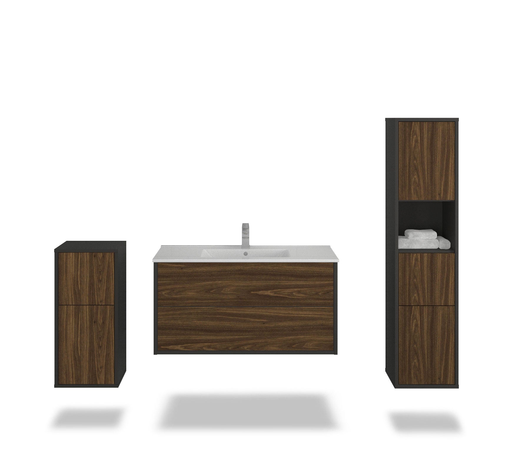 Badmöbelset - 3-Teilig Hades VI-III - Dunkles Holz-Dekor/Anthrazit - Wandmontage - Push to Open - 100 cm