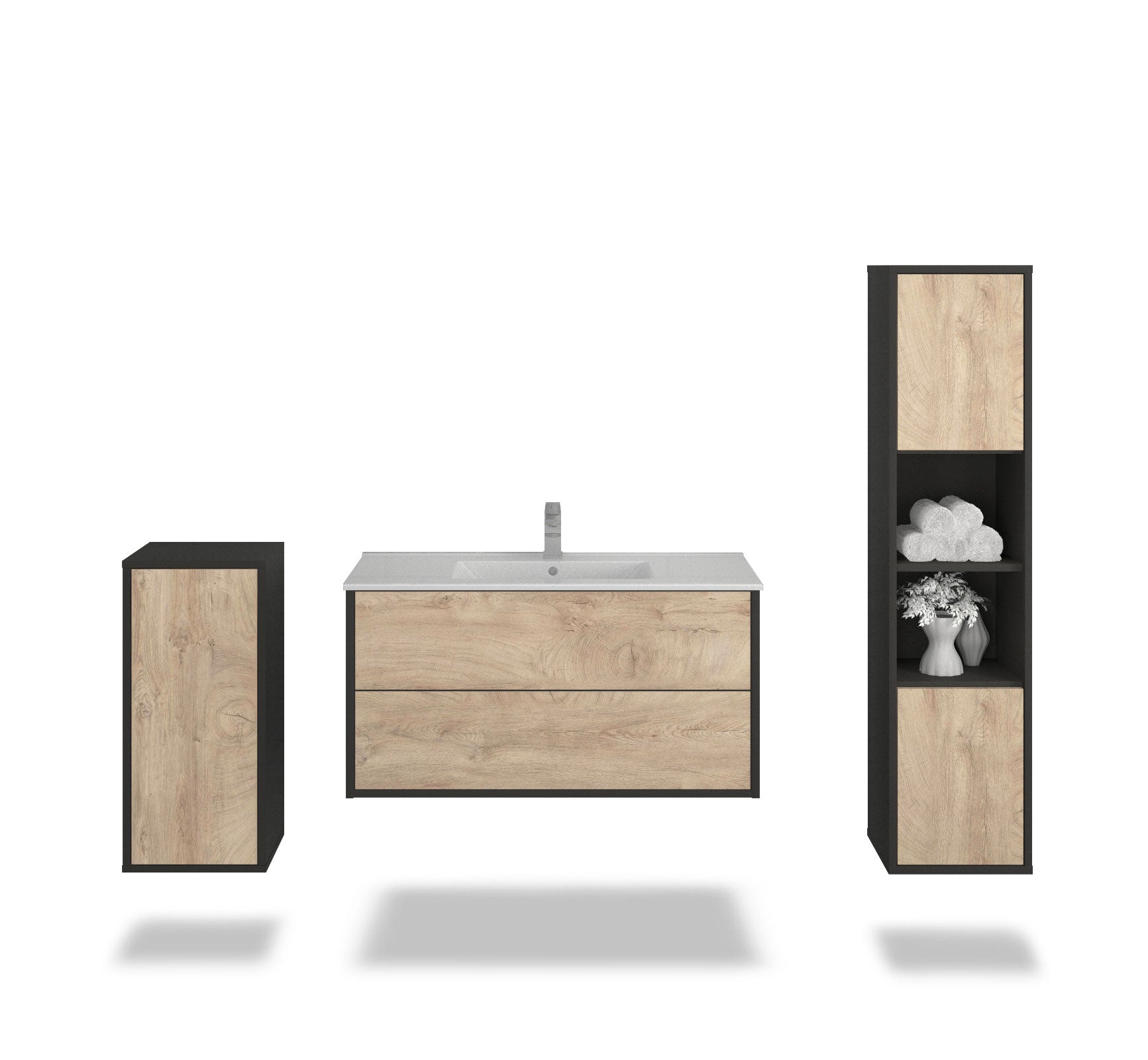 Badmöbelset - 3-Teilig Hades V-I - Holz-Dekor/Anthrazit - Wandmontage - Push to Open - 100 cm