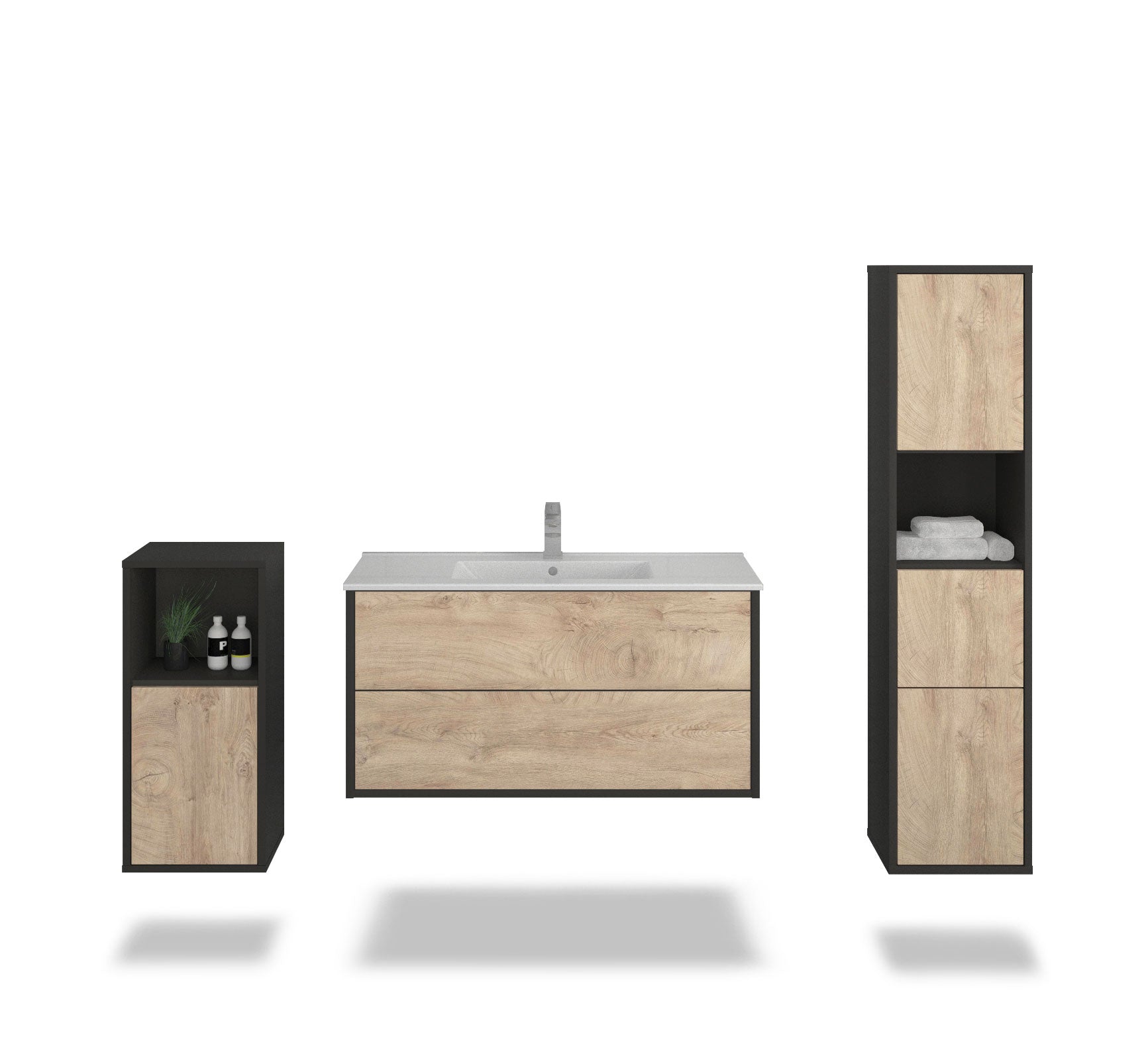 Badmöbelset - 3-Teilig Hades VI-II - Holz-Dekor/Anthrazit - Wandmontage - Push to Open - 100 cm