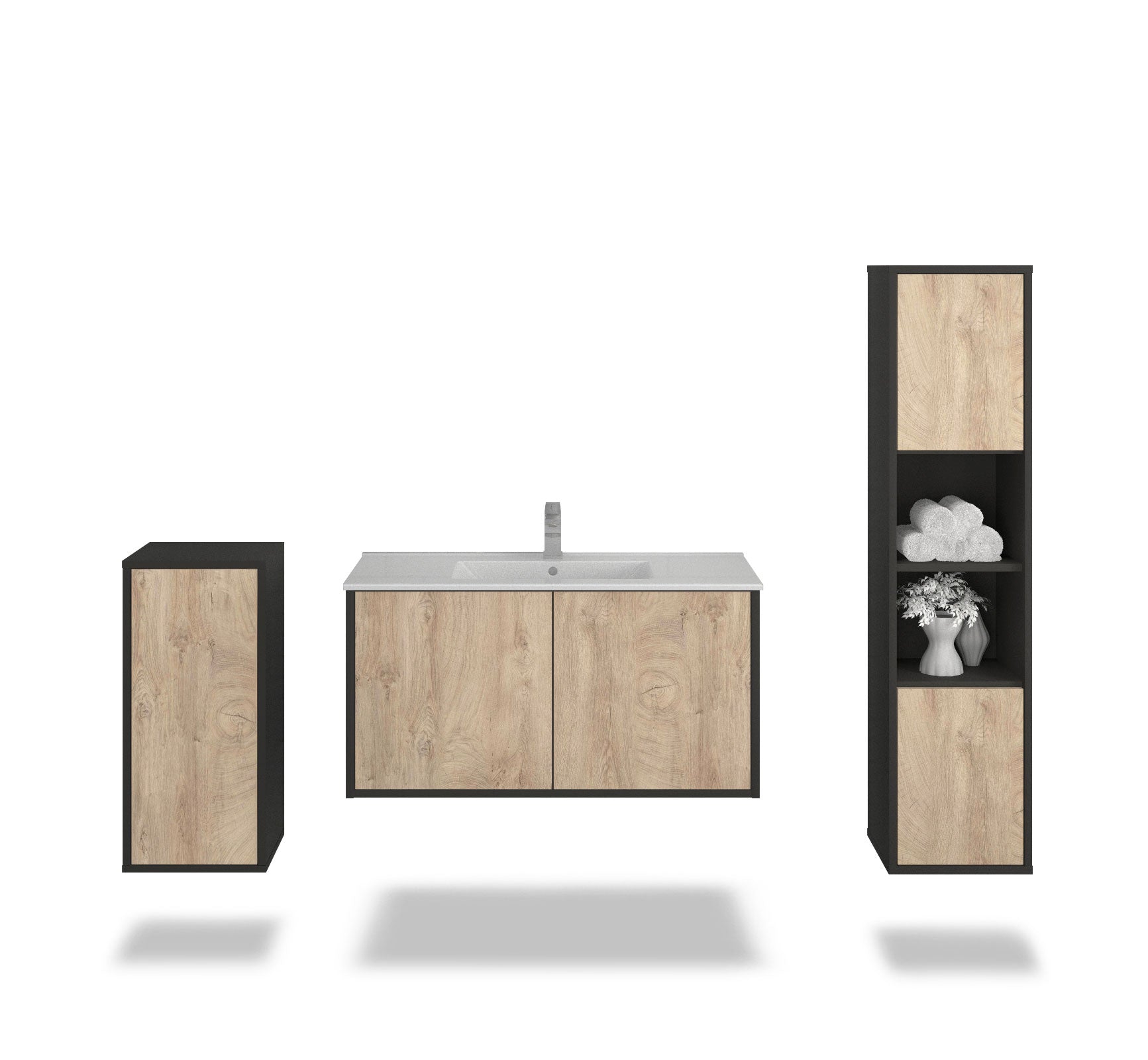 Badmöbelset - 3-Teilig Athene V-I - Holz-Dekor/Anthrazit - Wandmontage - Push to Open - 100 cm