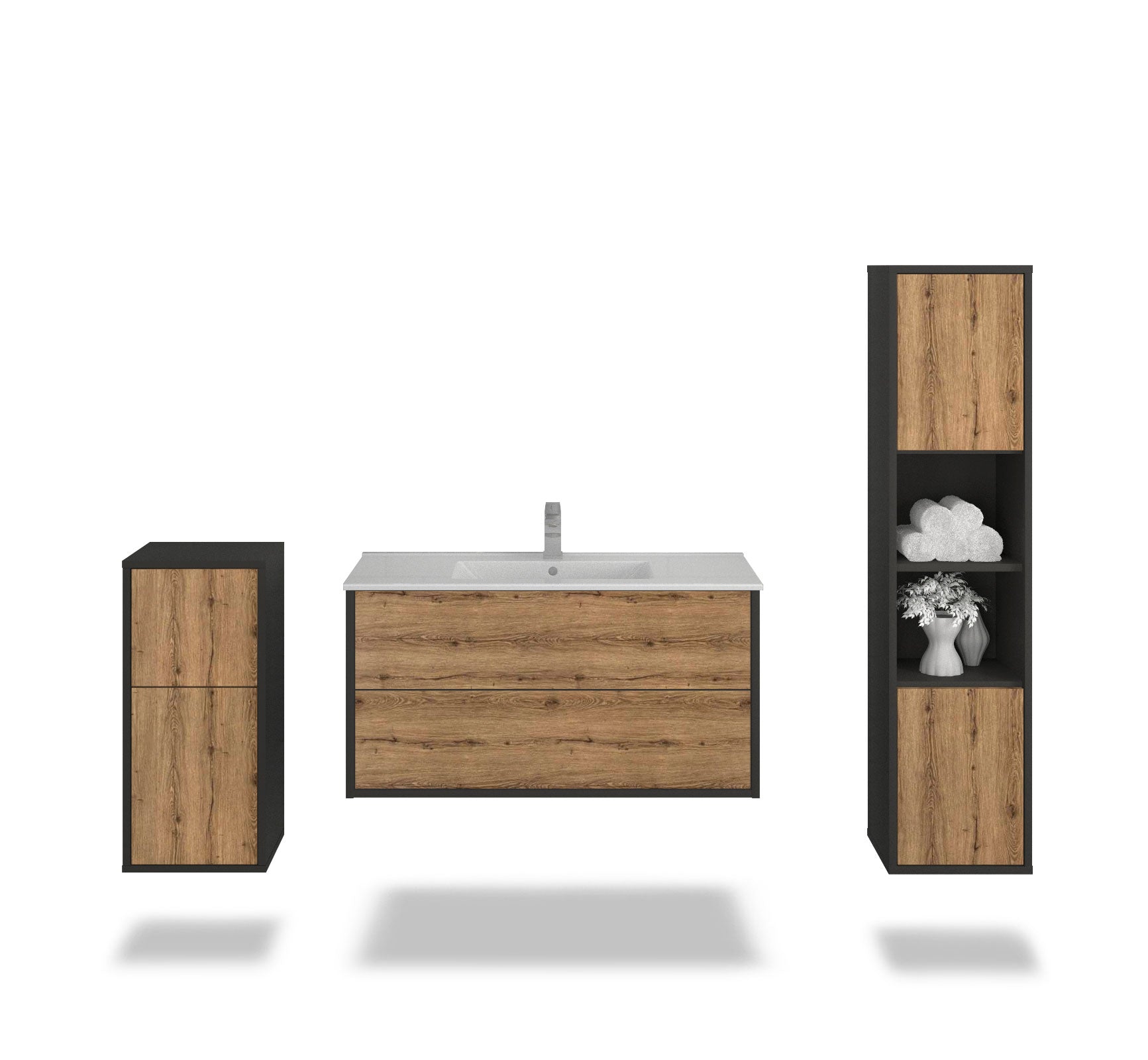 Badmöbelset - 3-Teilig Hades V-III - Holz-Dekor/Anthrazit - Wandmontage - Push to Open - 100 cm