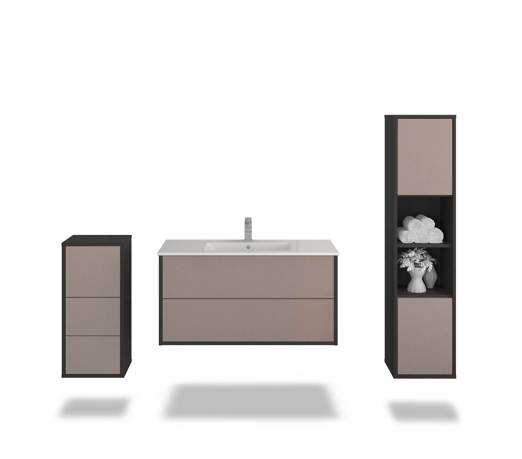 Badmöbelset - 3-Teilig Hades V-IV - Unifarb-Dekor/Anthrazit - Wandmontage - Push to Open - 100 cm