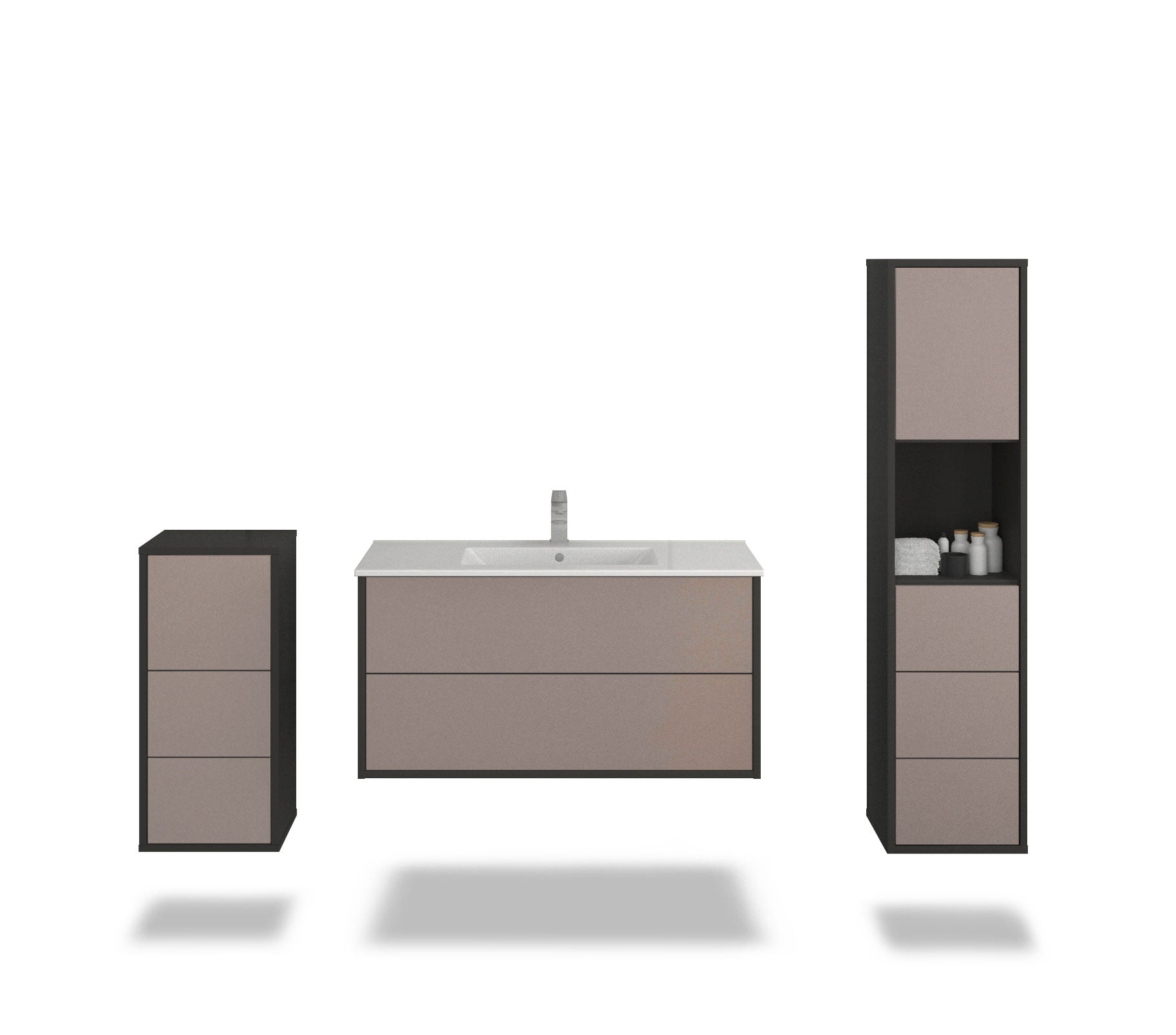 Badmöbelset - 3-Teilig Hades VIII-IV - Unifarb-Dekor/Anthrazit - Wandmontage - Push to Open - 100 cm