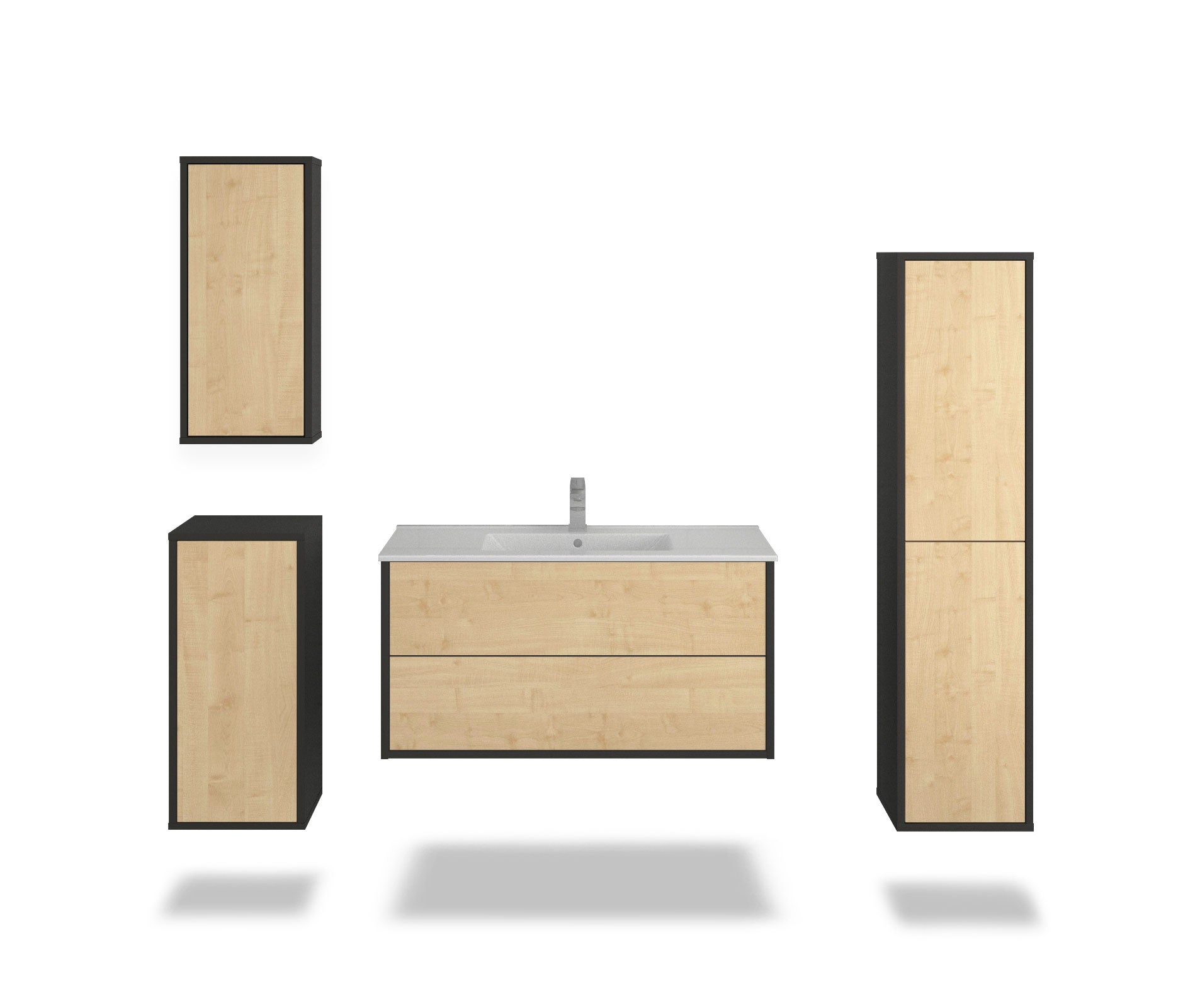 Badmöbelset - 4-Teilig Hades I-I - Holz-Dekor/Anthrazit - Wandmontage - Push to Open - 100 cm