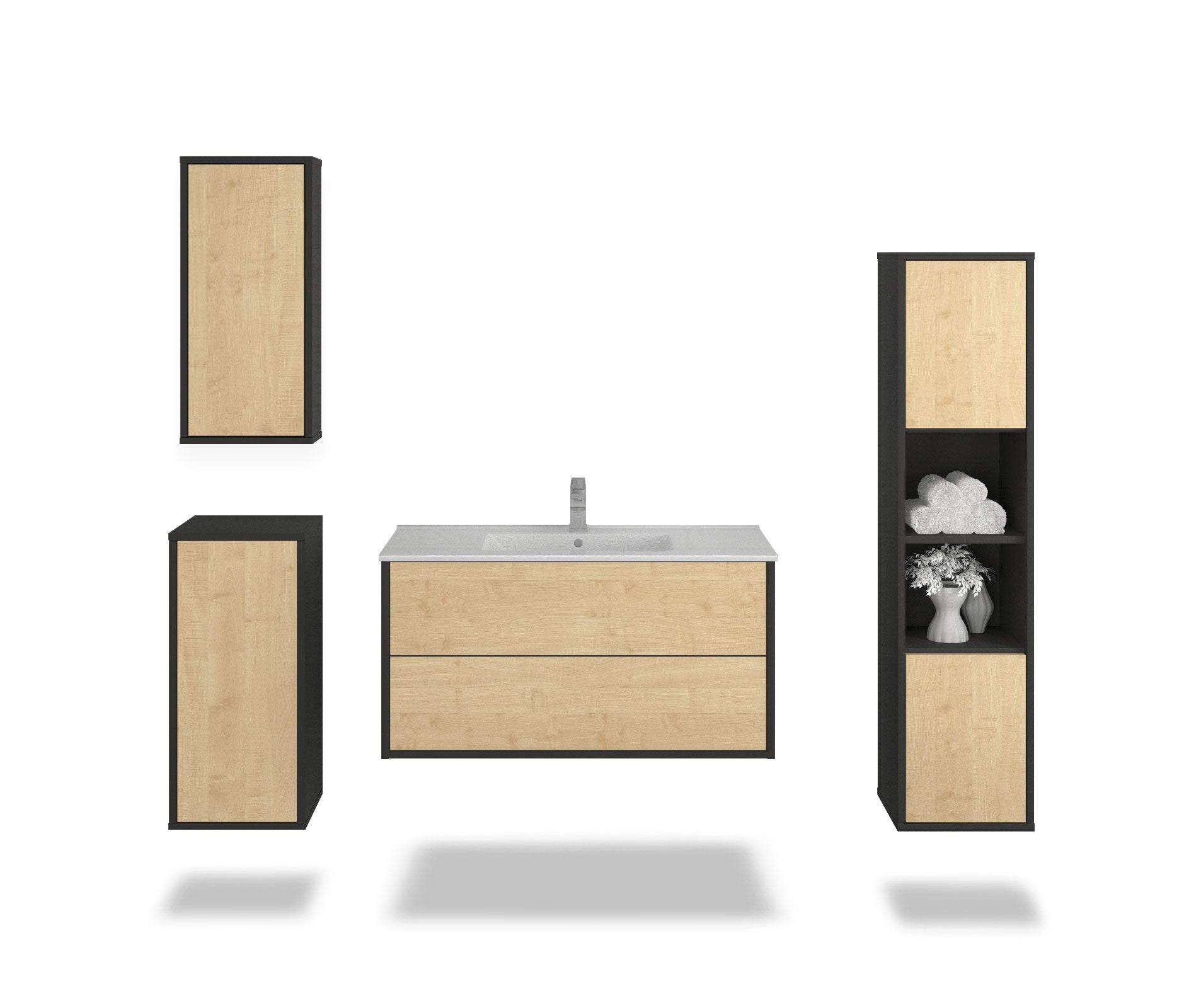 Badmöbelset - 4-Teilig Hades V-I - Holz-Dekor/Anthrazit - Wandmontage - Push to Open - 100 cm