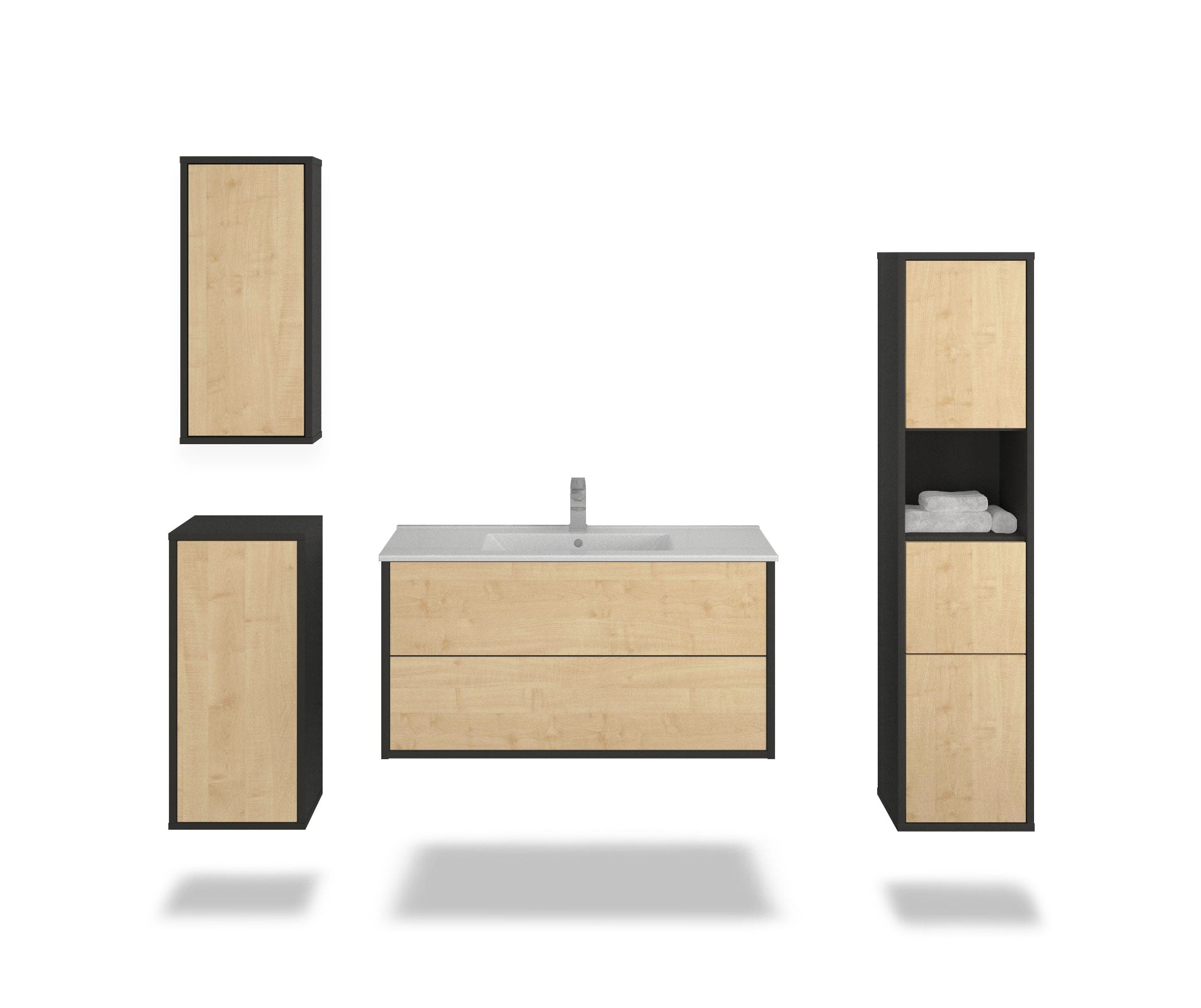 Badmöbelset - 4-Teilig Hades VI-I - Holz-Dekor/Anthrazit - Wandmontage - Push to Open - 100 cm