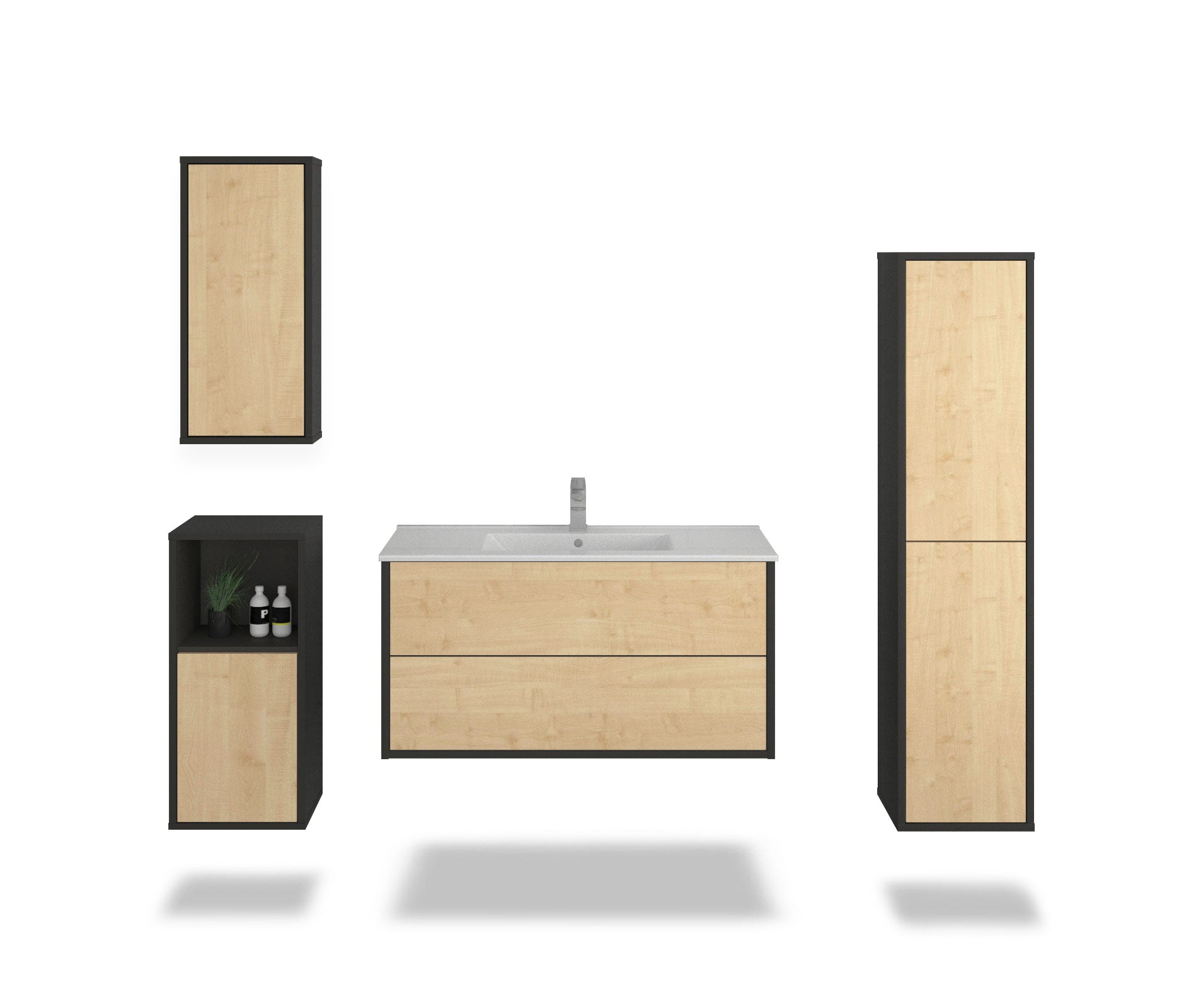 Badmöbelset - 4-Teilig Hades I-II - Holz-Dekor/Anthrazit - Wandmontage - Push to Open - 100 cm