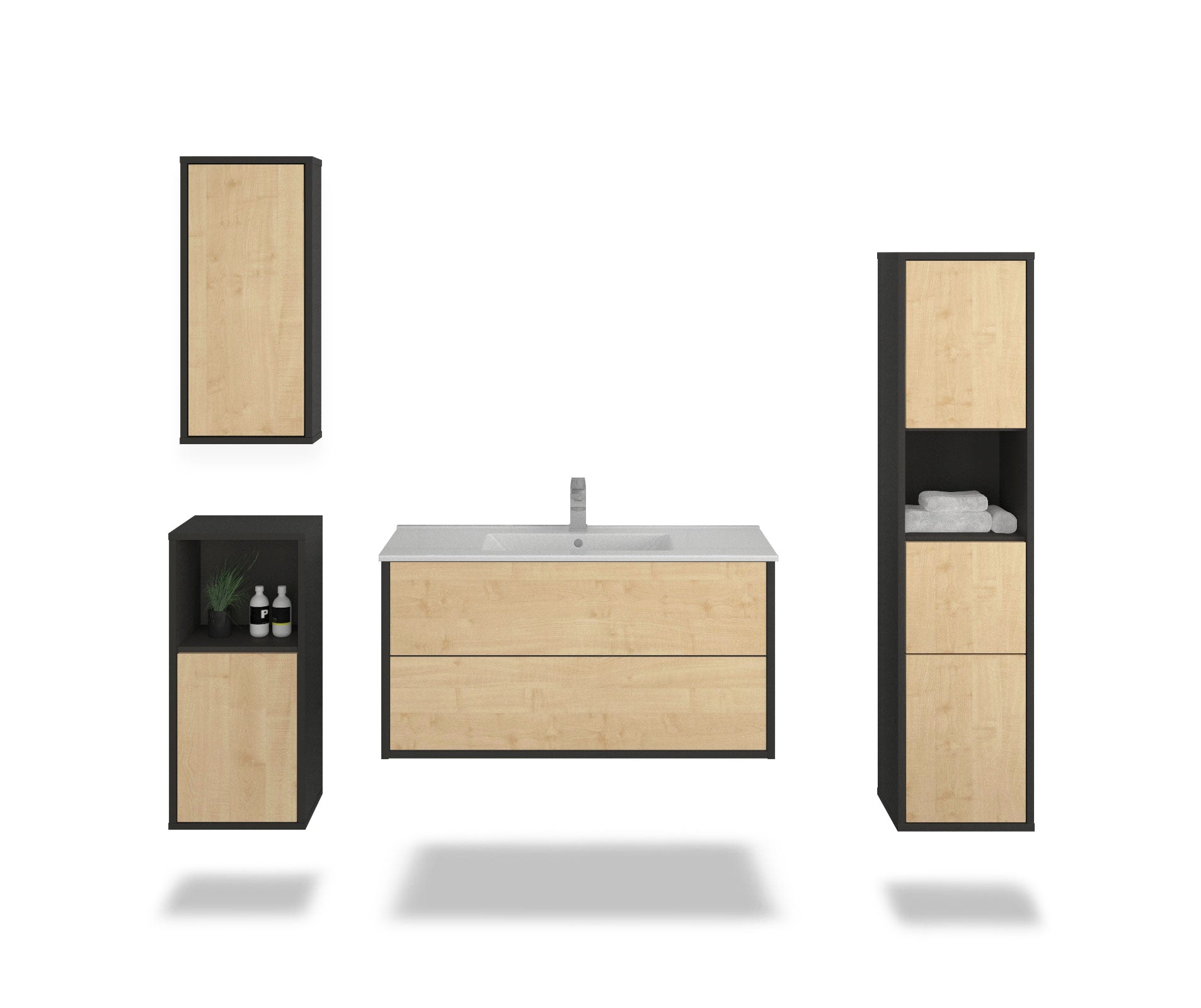 Badmöbelset - 4-Teilig Hades VI-II - Holz-Dekor/Anthrazit - Wandmontage - Push to Open - 100 cm