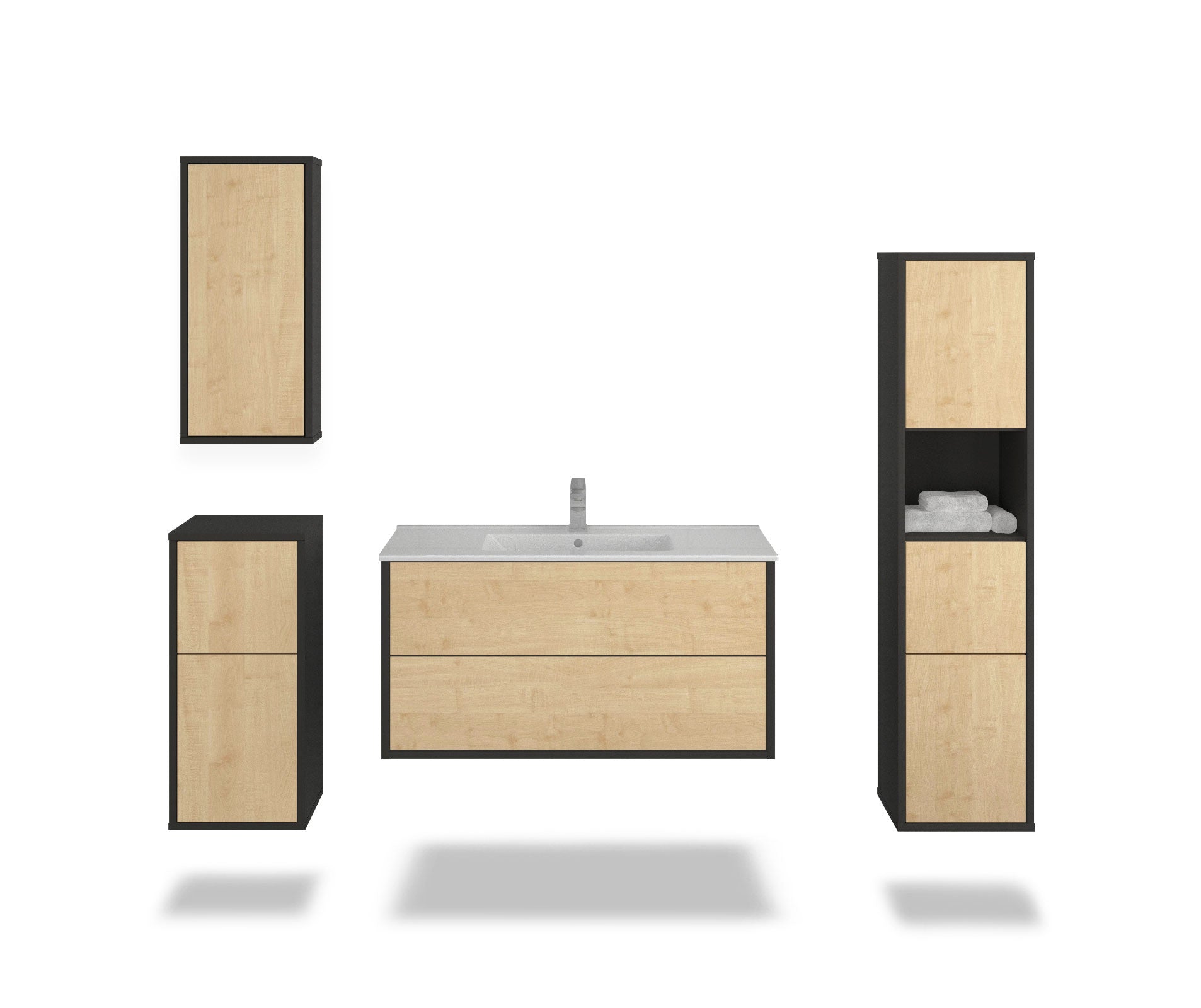 Badmöbelset - 4-Teilig Hades VI-III - Holz-Dekor/Anthrazit - Wandmontage - Push to Open - 100 cm