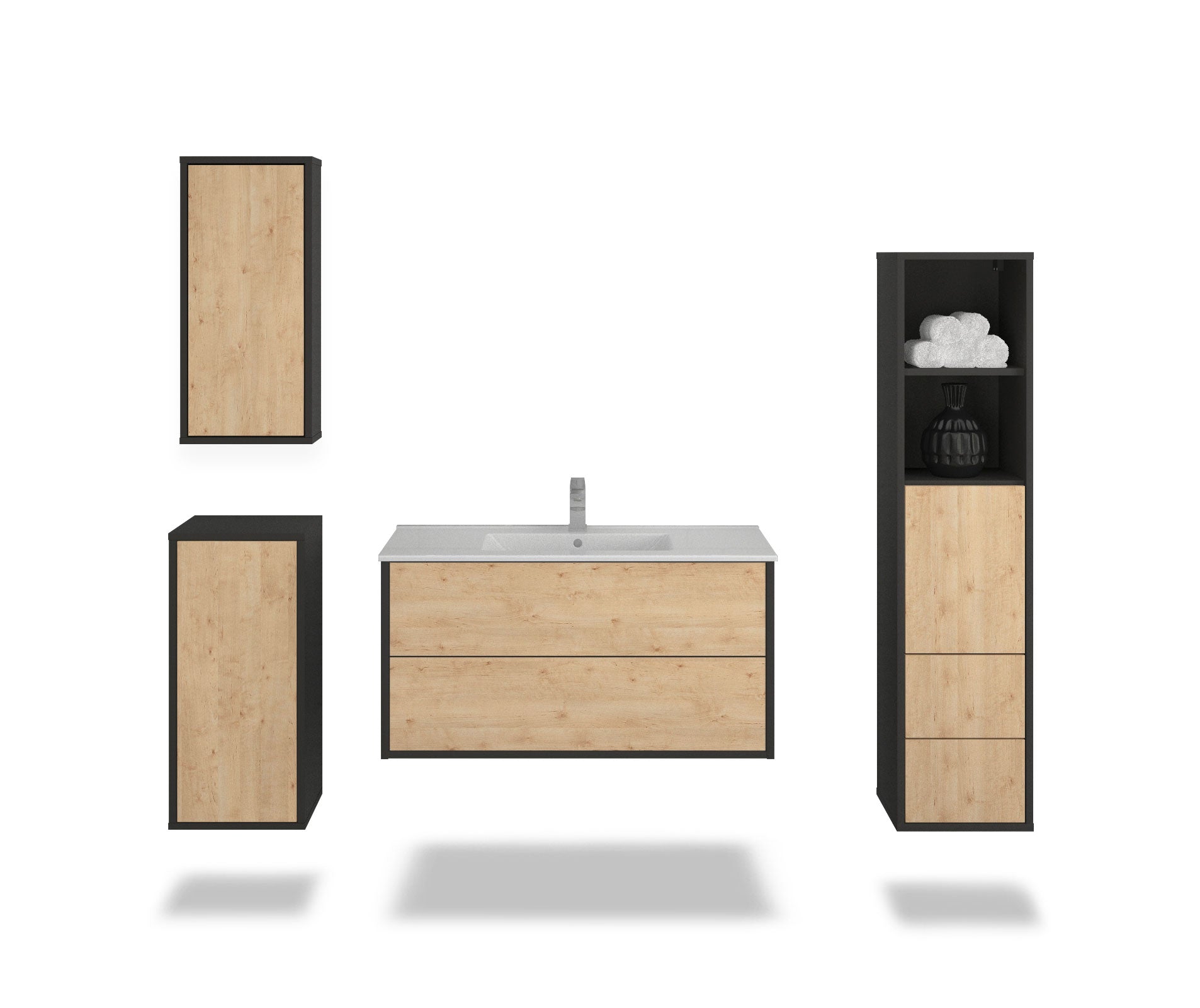 Badmöbelset - 4-Teilig Hades IX-I - Holz-Dekor/Anthrazit - Wandmontage - Push to Open - 100 cm