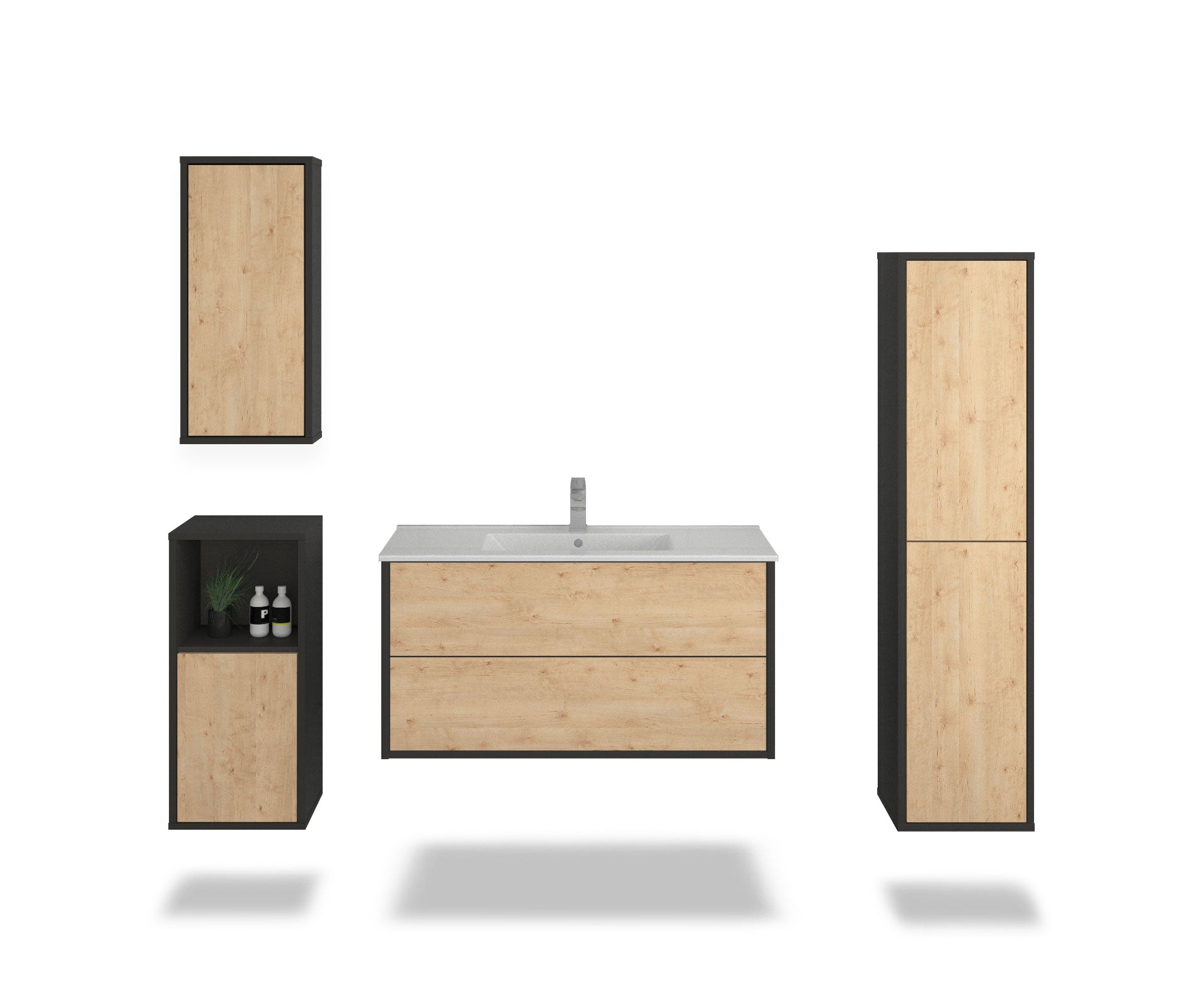 Badmöbelset - 4-Teilig Hades I-II - Holz-Dekor/Anthrazit - Wandmontage - Push to Open - 100 cm