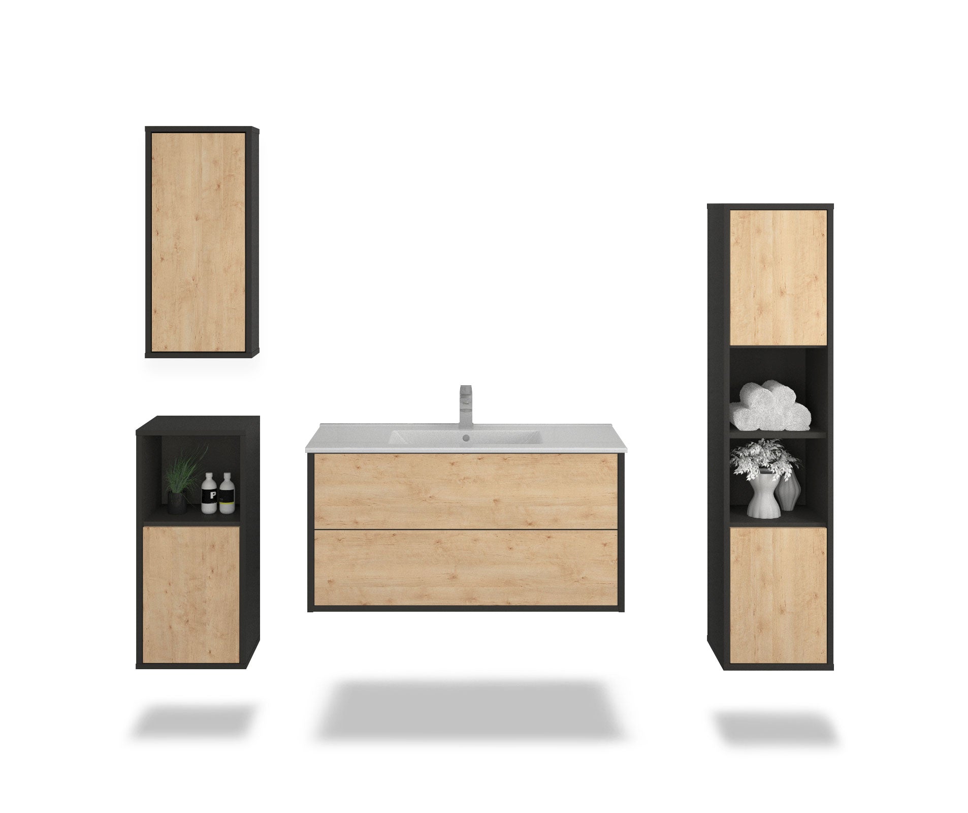 Badmöbelset - 4-Teilig Hades V-II - Holz-Dekor/Anthrazit - Wandmontage - Push to Open - 100 cm