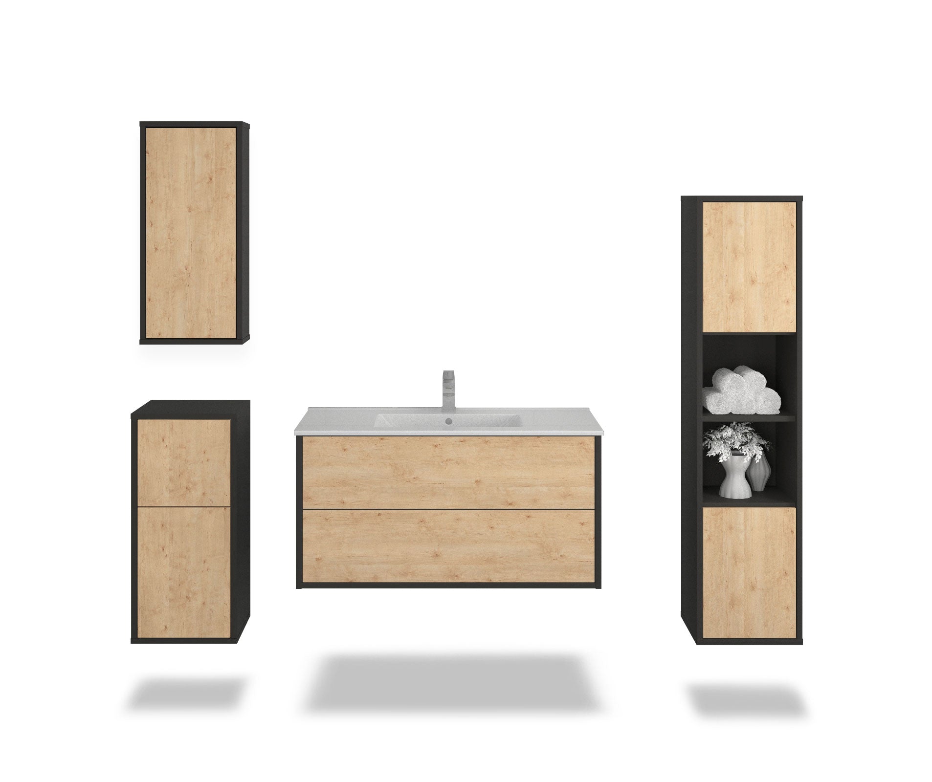 Badmöbelset - 4-Teilig Hades V-III - Holz-Dekor/Anthrazit - Wandmontage - Push to Open - 100 cm