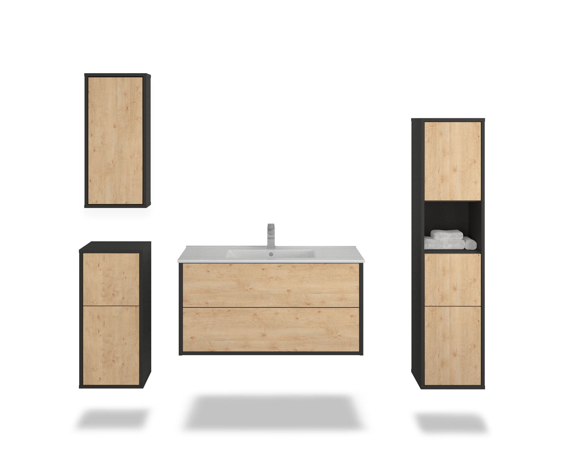 Badmöbelset - 4-Teilig Hades VI-III - Holz-Dekor/Anthrazit - Wandmontage - Push to Open - 100 cm