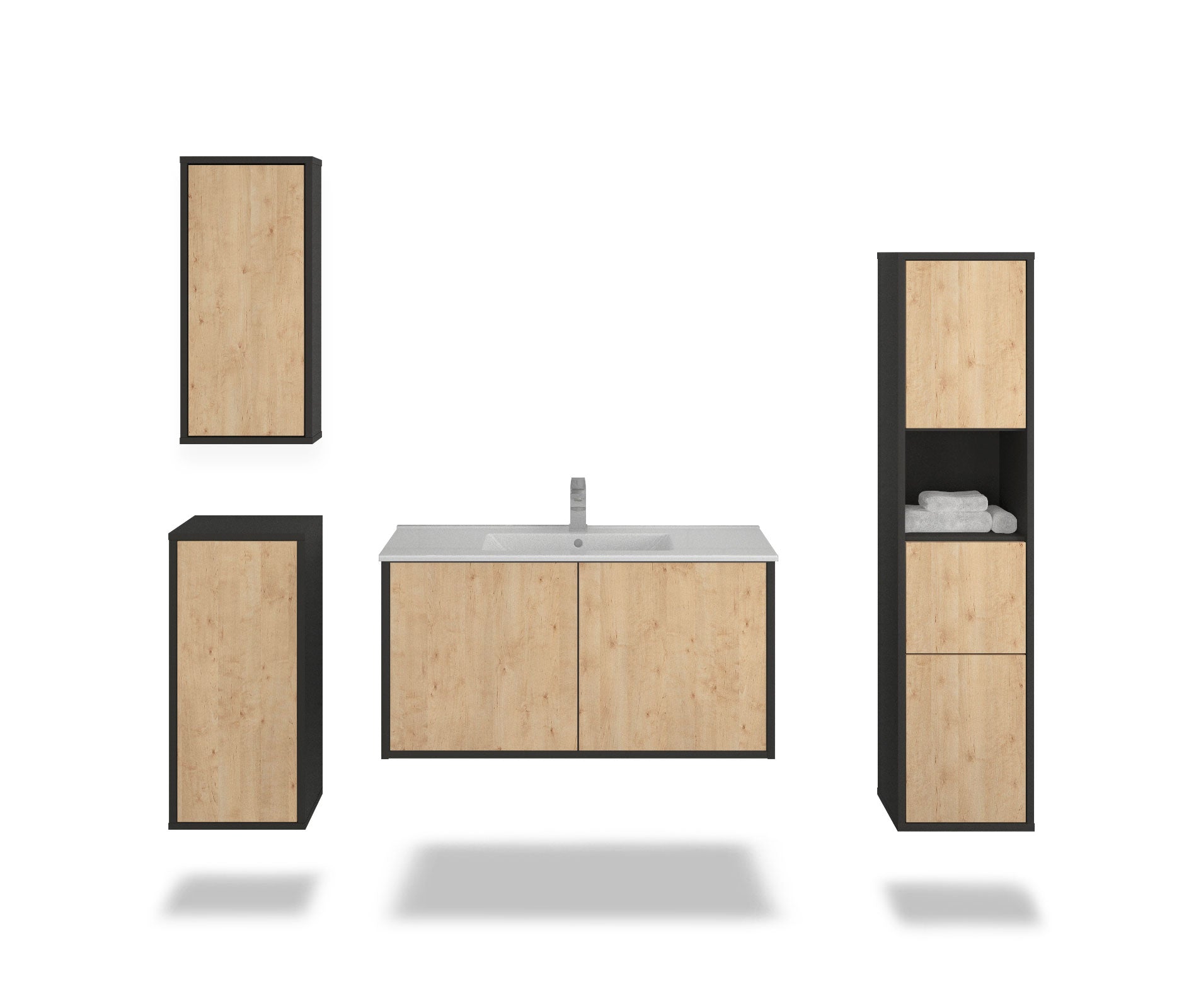 Badmöbelset - 4-Teilig Athene VI-I - Holz-Dekor/Anthrazit - Wandmontage - Push to Open - 100 cm