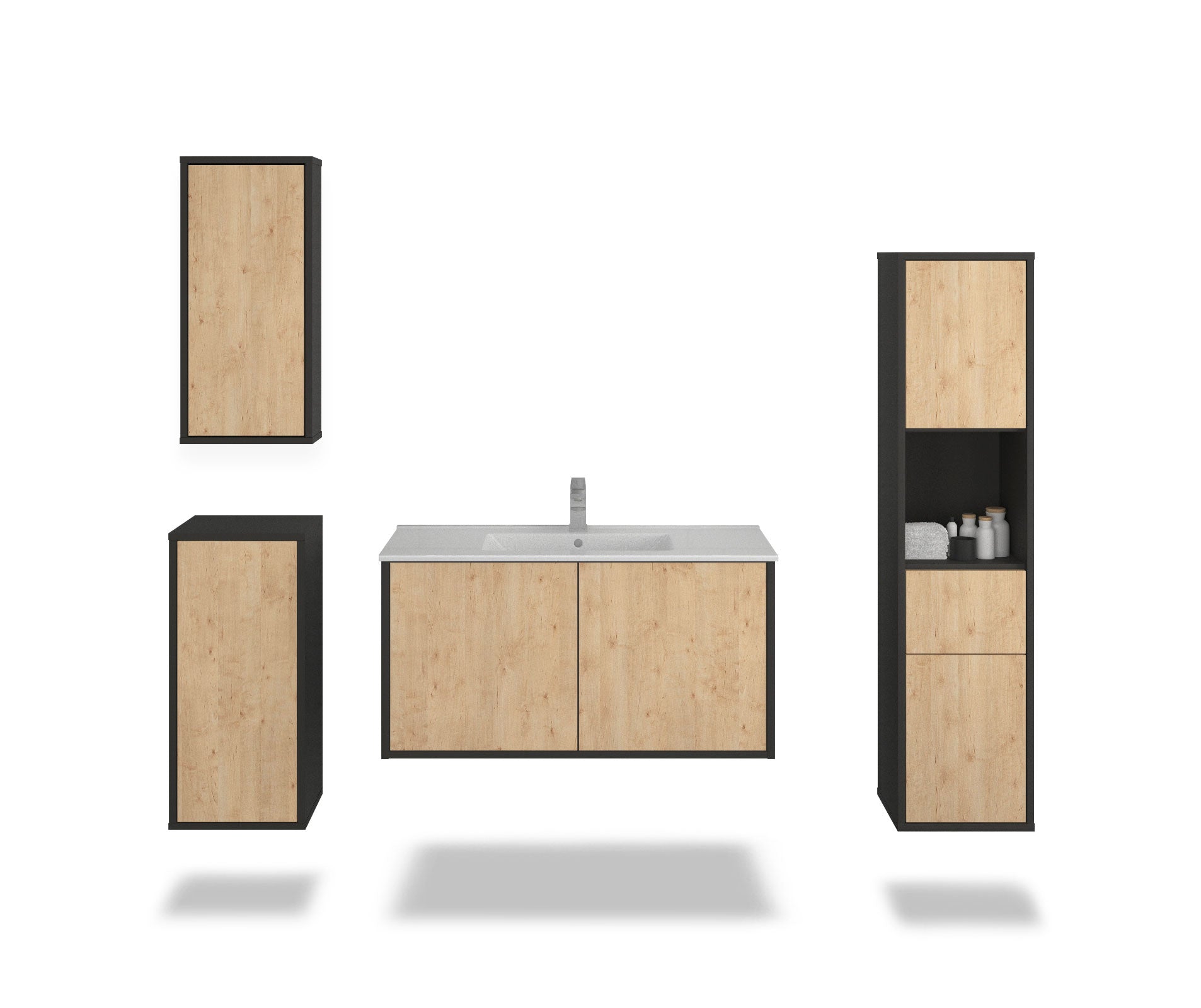 Badmöbelset - 4-Teilig Athene VII-I - Holz-Dekor/Anthrazit - Wandmontage - Push to Open - 100 cm