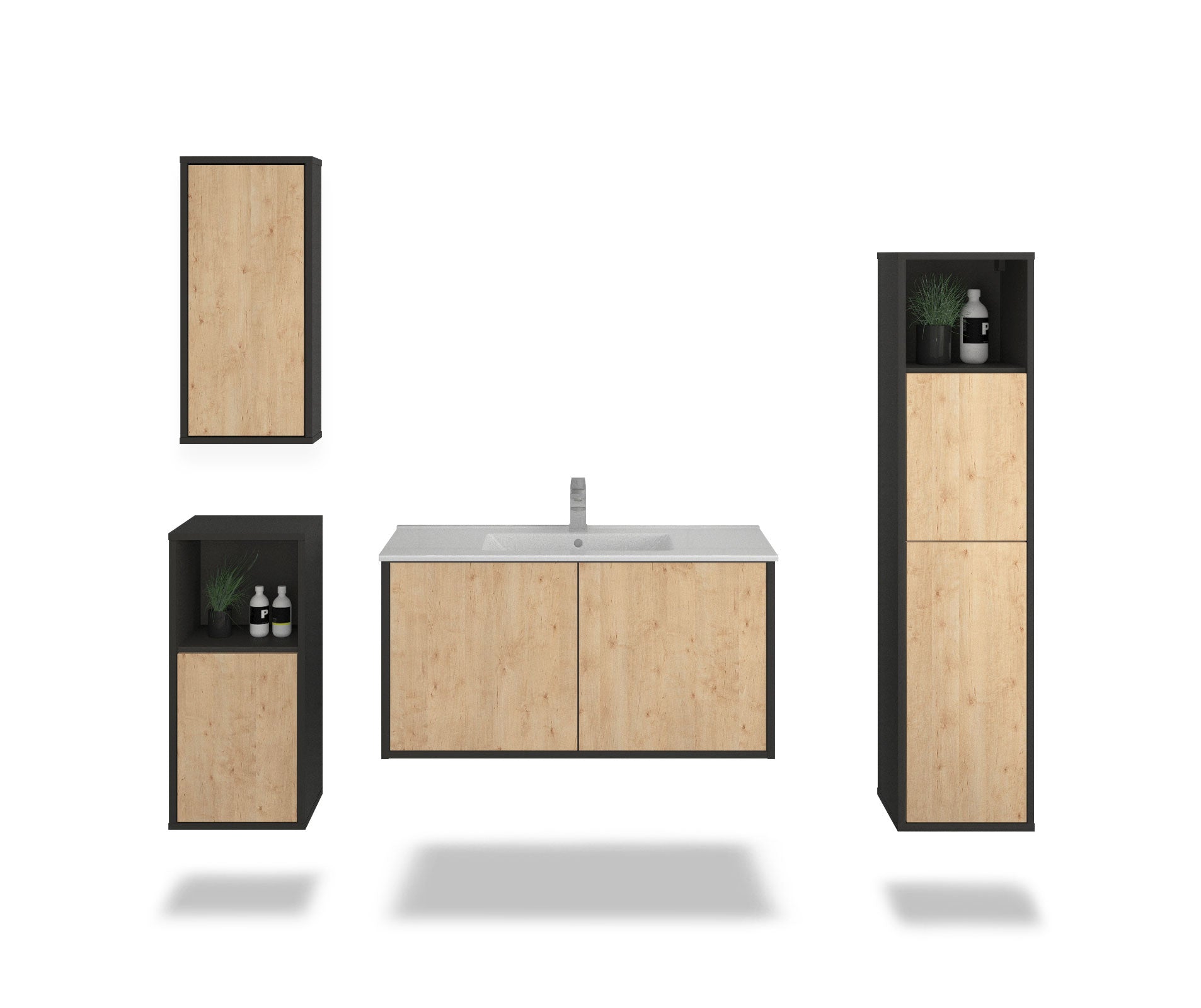 Badmöbelset - 4-Teilig Athene III-II - Holz-Dekor/Anthrazit - Wandmontage - Push to Open - 100 cm