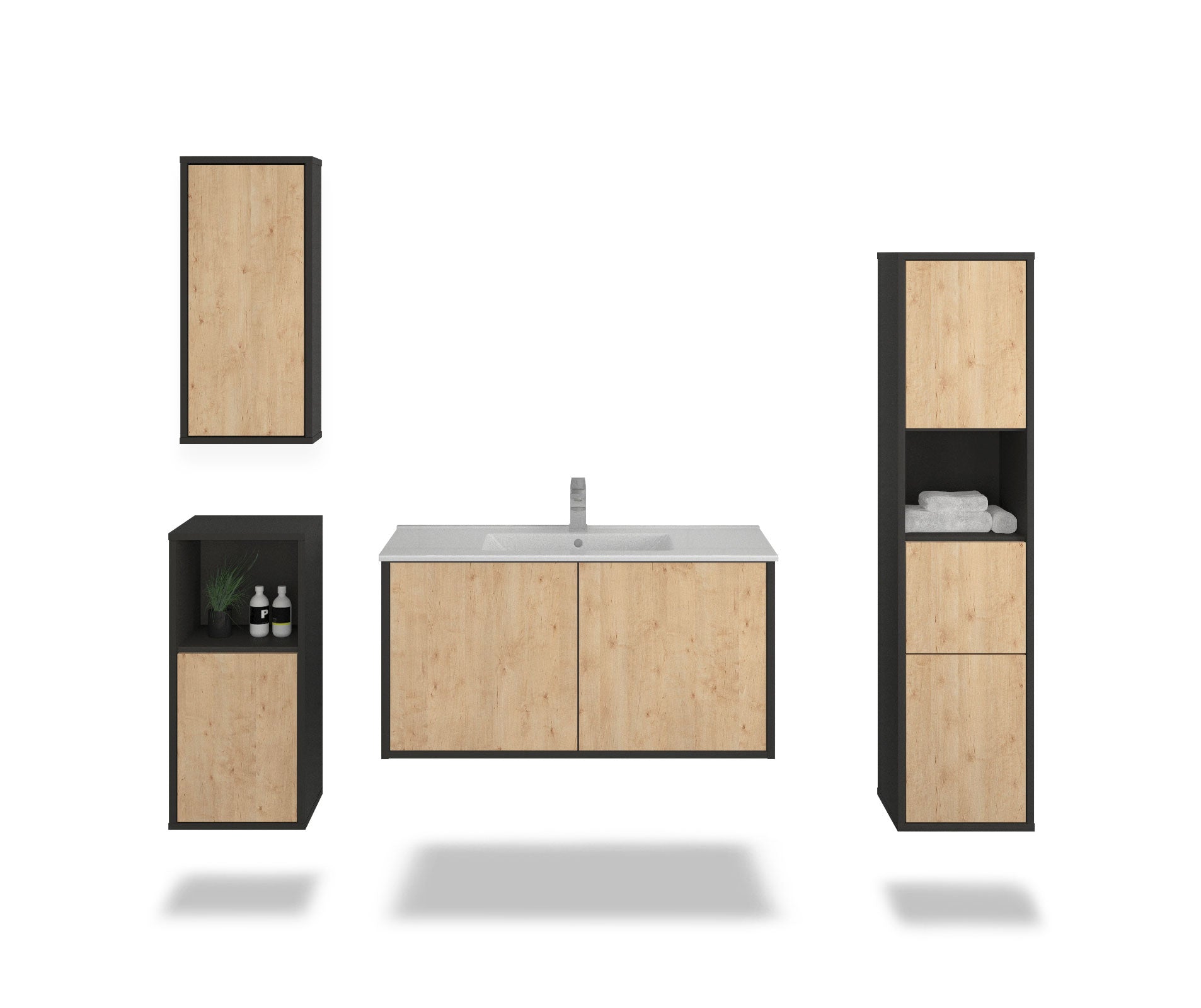 Badmöbelset - 4-Teilig Athene VI-II - Holz-Dekor/Anthrazit - Wandmontage - Push to Open - 100 cm