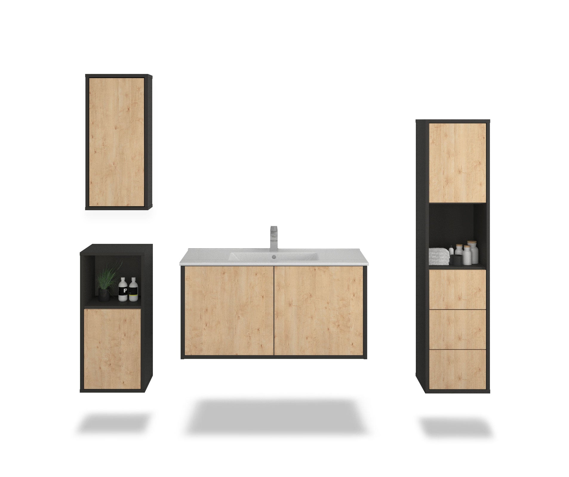 Badmöbelset - 4-Teilig Athene VIII-II - Holz-Dekor/Anthrazit - Wandmontage - Push to Open - 100 cm