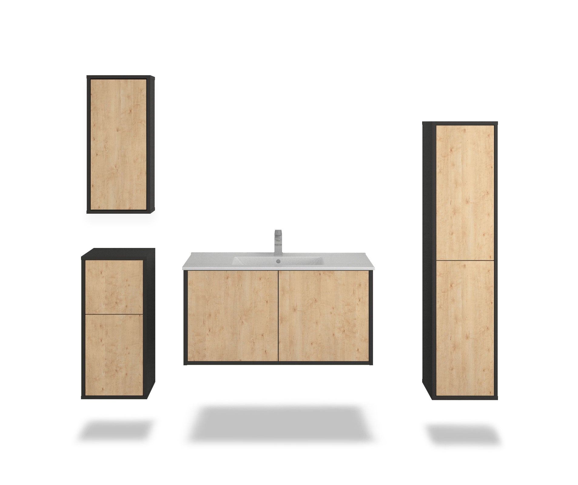 Badmöbelset - 4-Teilig Athene I-III - Holz-Dekor/Anthrazit - Wandmontage - Push to Open - 100 cm