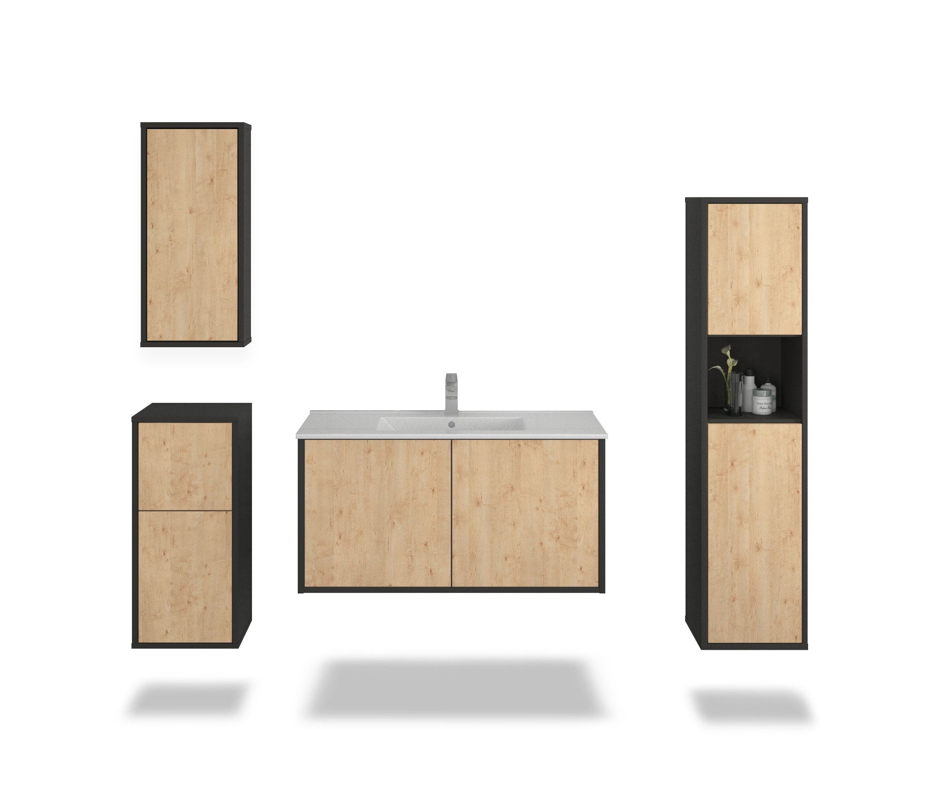 Badmöbelset - 4-Teilig Athene II-III - Holz-Dekor/Anthrazit - Wandmontage - Push to Open - 100 cm