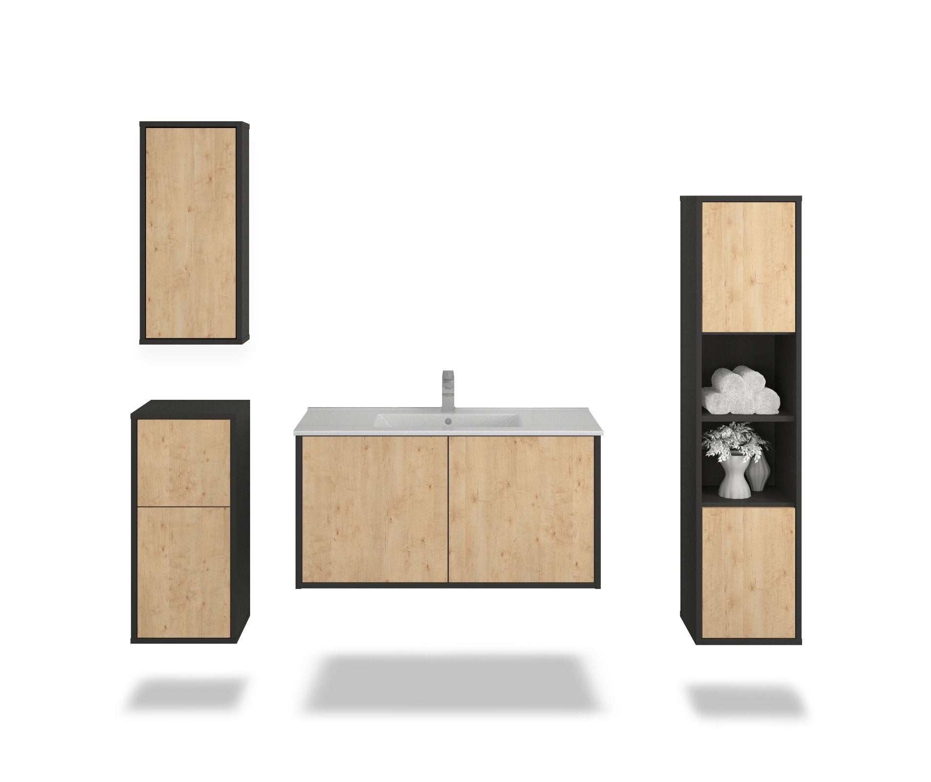 Badmöbelset - 4-Teilig Athene V-III - Holz-Dekor/Anthrazit - Wandmontage - Push to Open - 100 cm