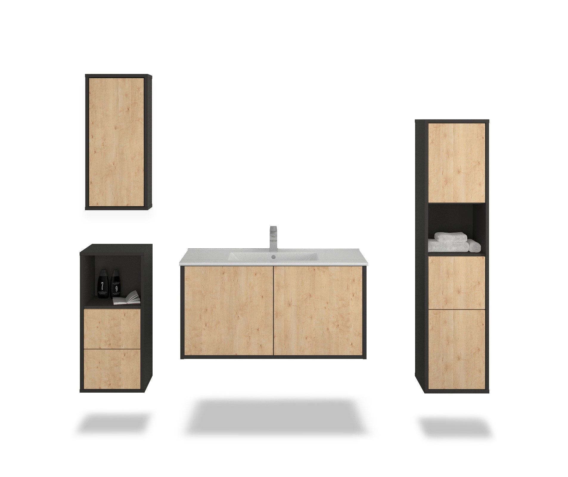 Badmöbelset - 4-Teilig Athene VI-V - Holz-Dekor/Anthrazit - Wandmontage - Push to Open - 100 cm