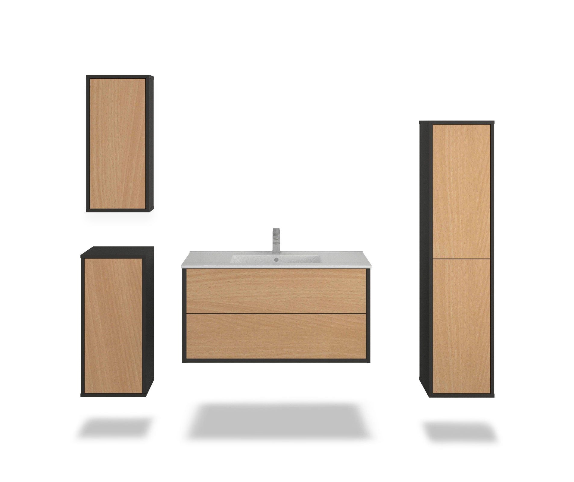 Badmöbelset - 4-Teilig Hades I-I - Holz-Dekor/Anthrazit - Wandmontage - Push to Open - 100 cm