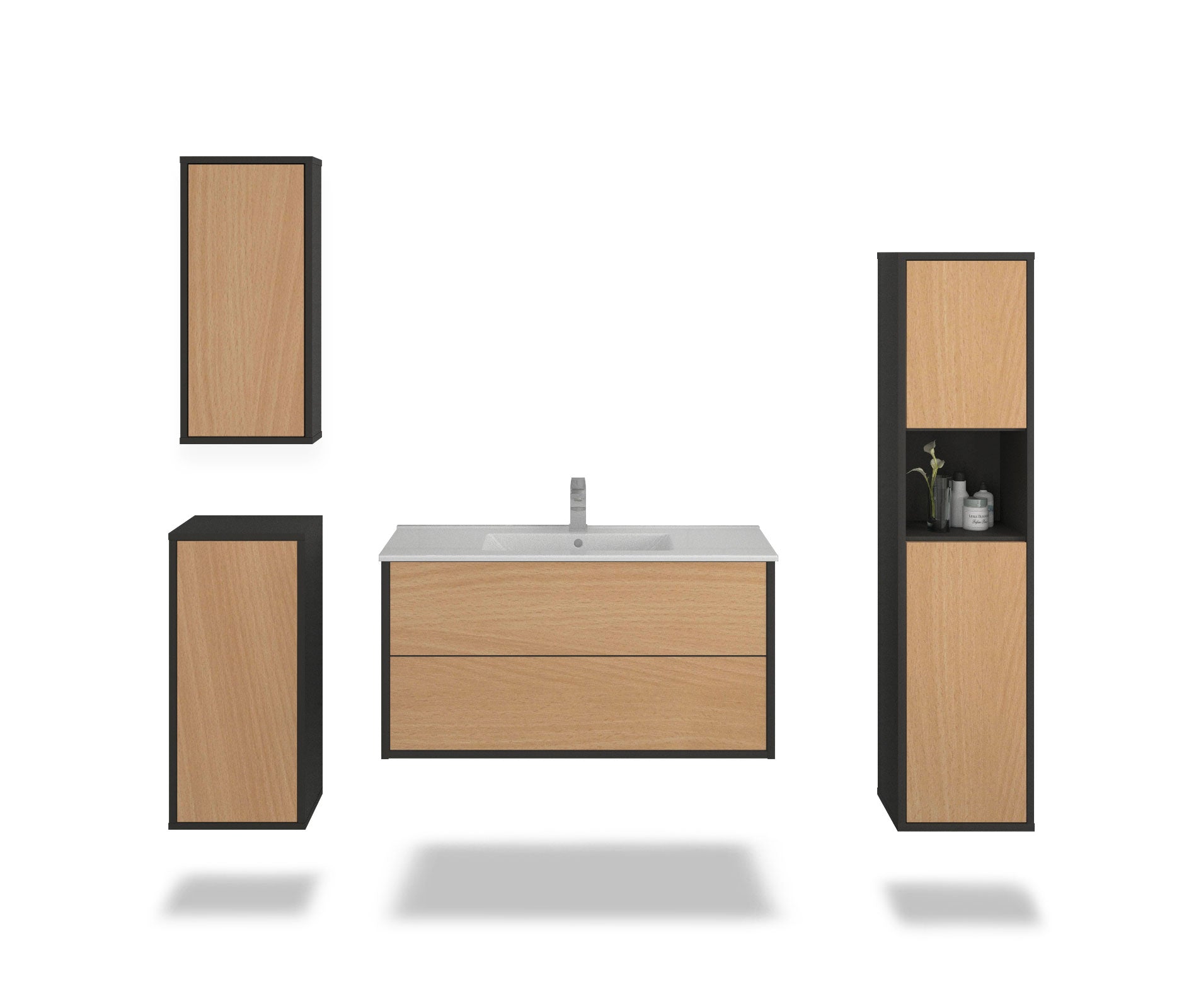 Badmöbelset - 4-Teilig Hades II-I - Holz-Dekor/Anthrazit - Wandmontage - Push to Open - 100 cm