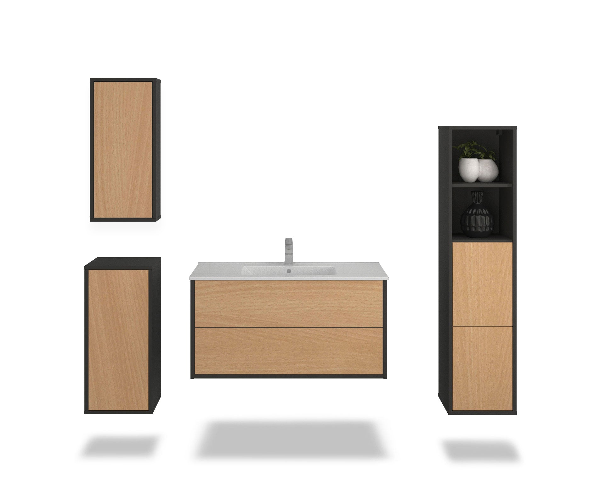 Badmöbelset - 4-Teilig Hades IV-I - Holz-Dekor/Anthrazit - Wandmontage - Push to Open - 100 cm