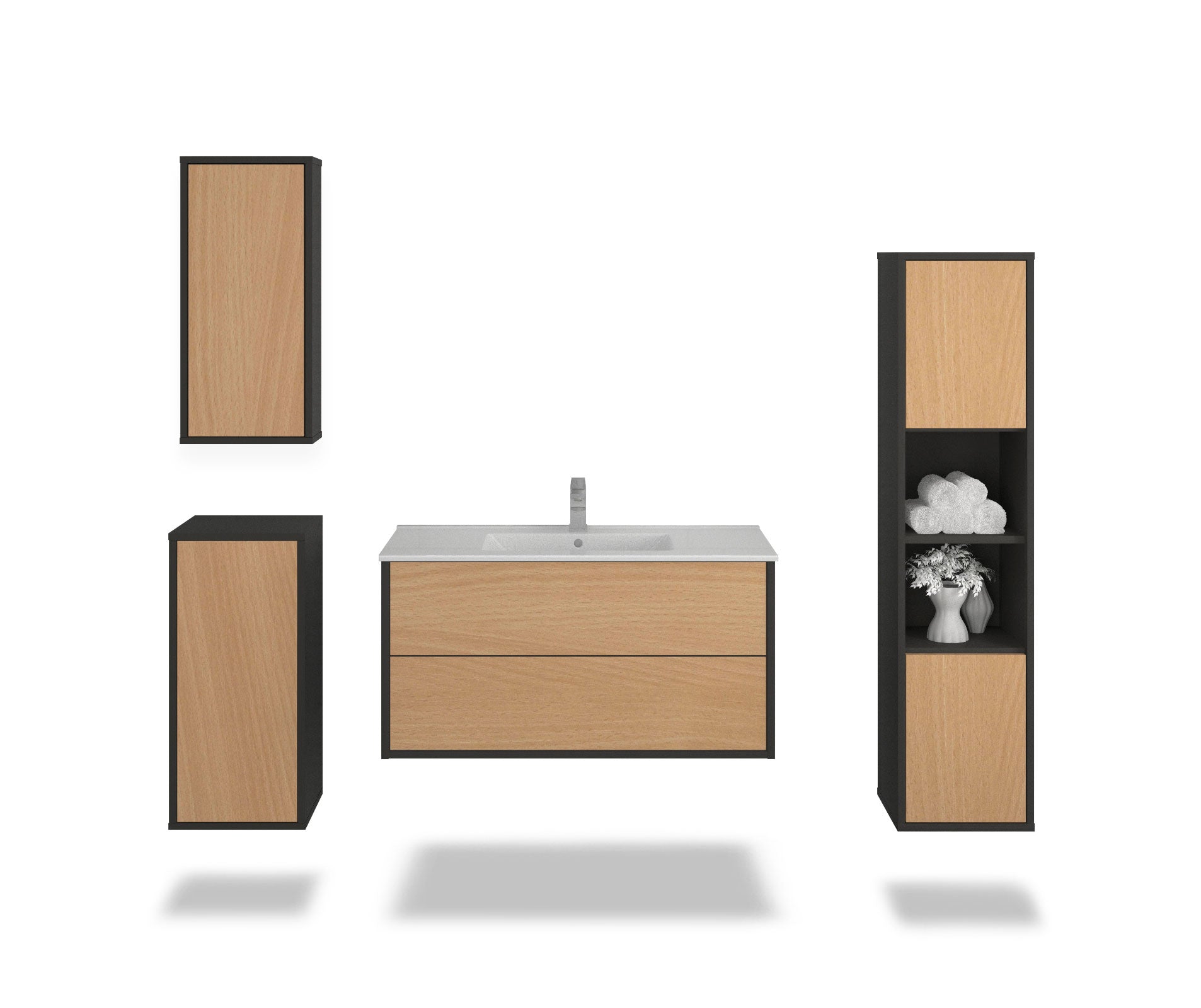 Badmöbelset - 4-Teilig Hades V-I - Holz-Dekor/Anthrazit - Wandmontage - Push to Open - 100 cm