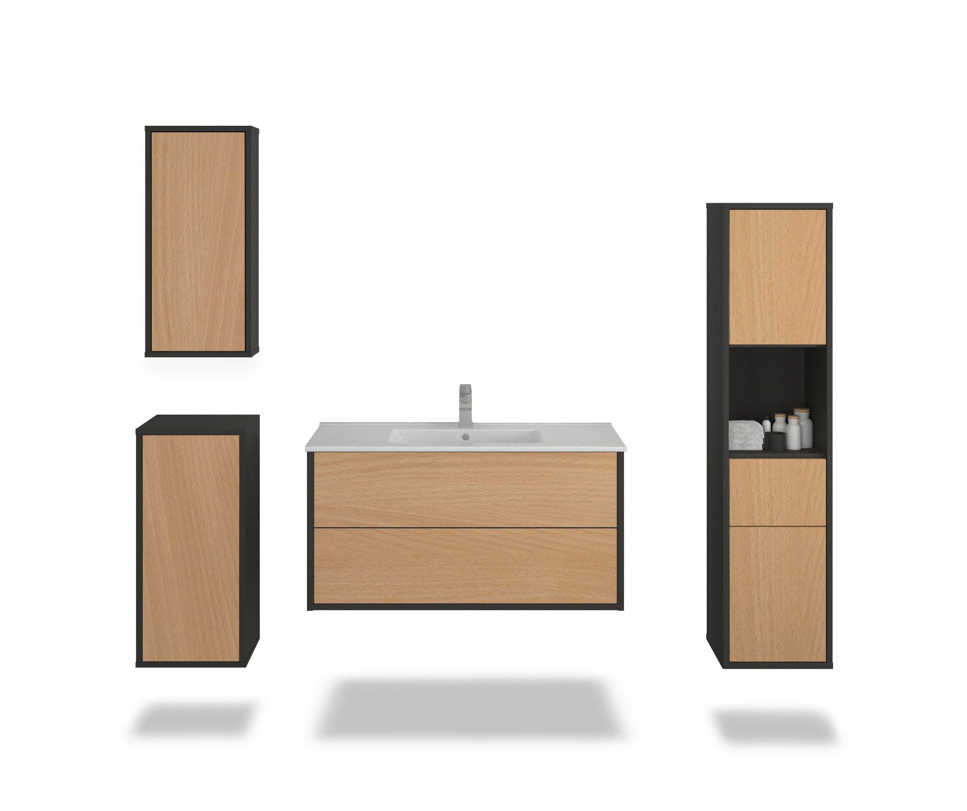 Badmöbelset - 4-Teilig Hades VII-I - Holz-Dekor/Anthrazit - Wandmontage - Push to Open - 100 cm