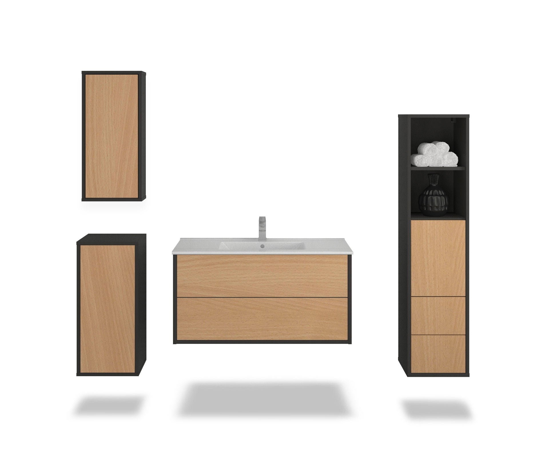 Badmöbelset - 4-Teilig Hades IX-I - Holz-Dekor/Anthrazit - Wandmontage - Push to Open - 100 cm