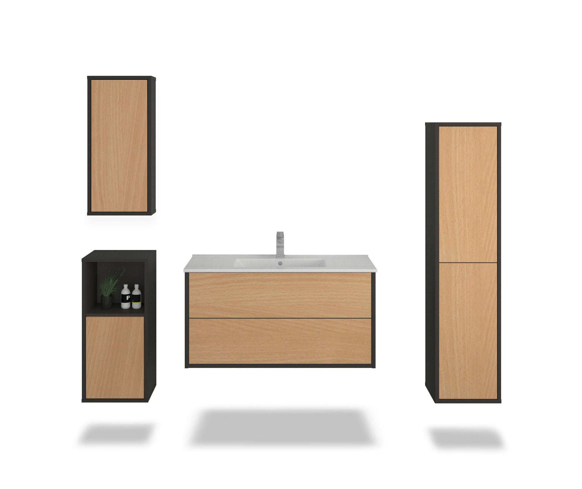 Badmöbelset - 4-Teilig Hades I-II - Holz-Dekor/Anthrazit - Wandmontage - Push to Open - 100 cm