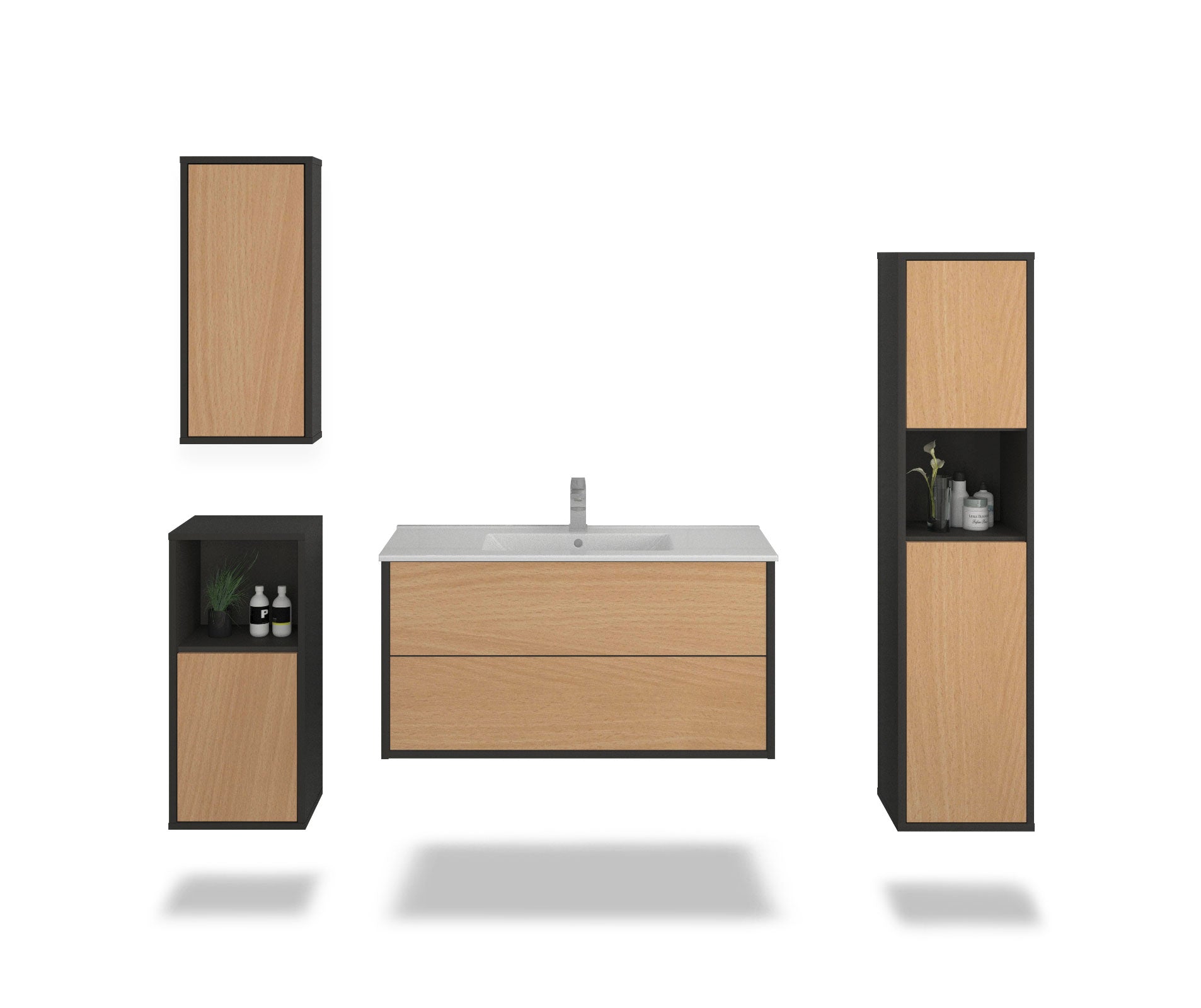 Badmöbelset - 4-Teilig Hades II-II - Holz-Dekor/Anthrazit - Wandmontage - Push to Open - 100 cm