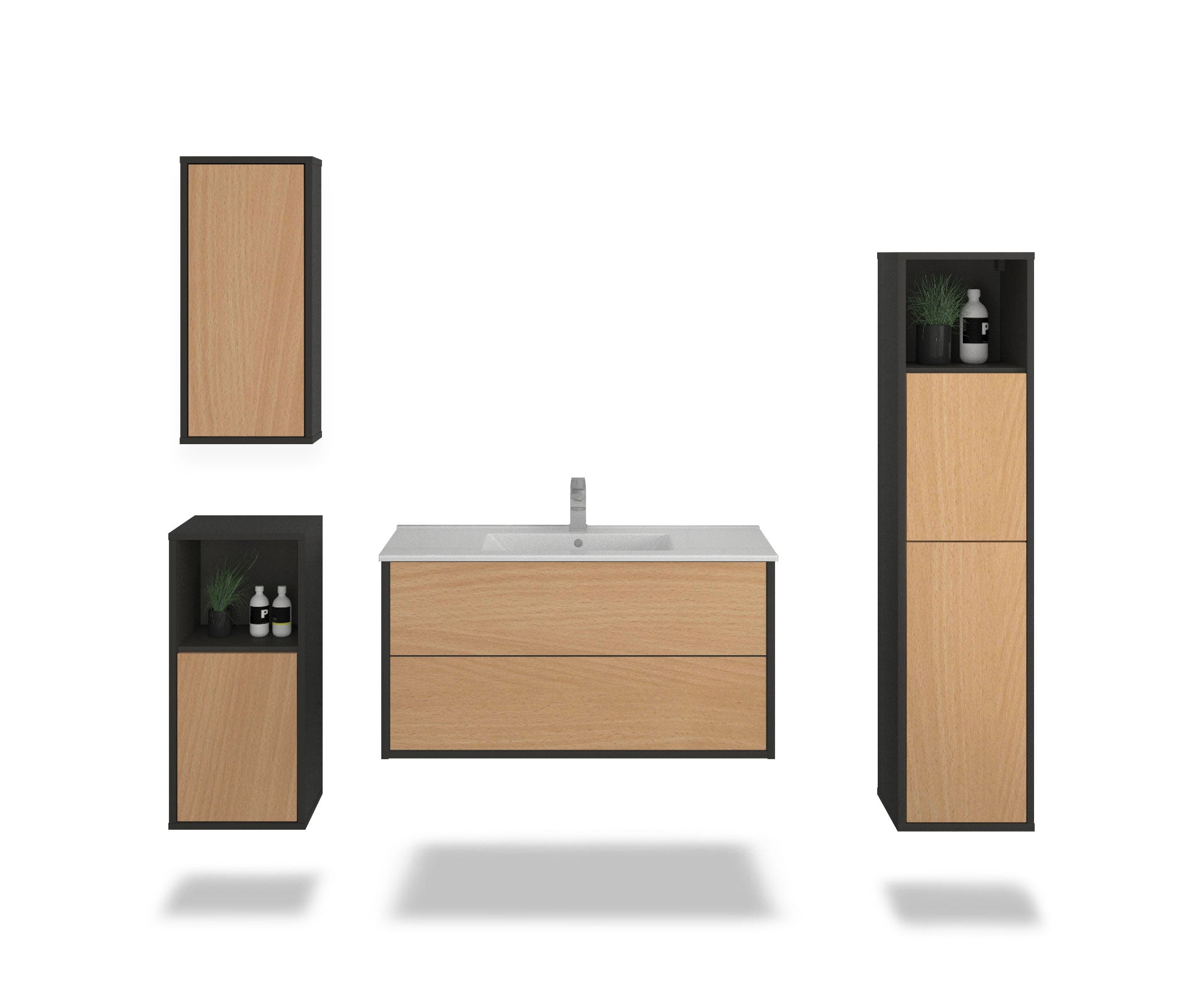 Badmöbelset - 4-Teilig Hades III-II - Holz-Dekor/Anthrazit - Wandmontage - Push to Open - 100 cm