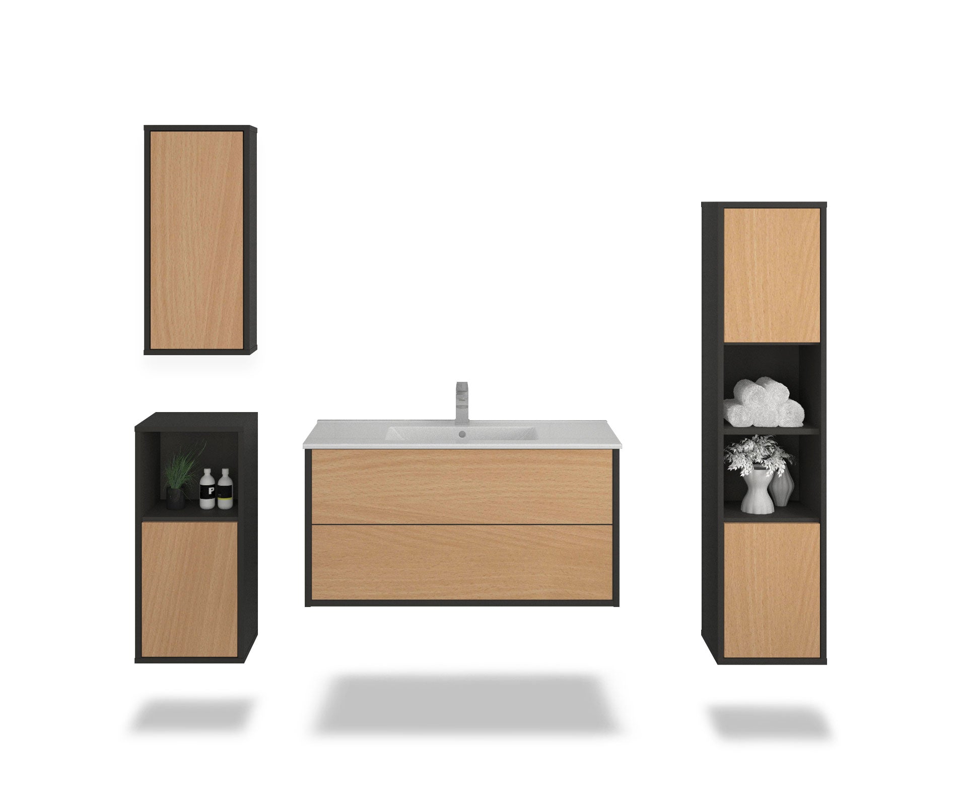 Badmöbelset - 4-Teilig Hades V-II - Holz-Dekor/Anthrazit - Wandmontage - Push to Open - 100 cm