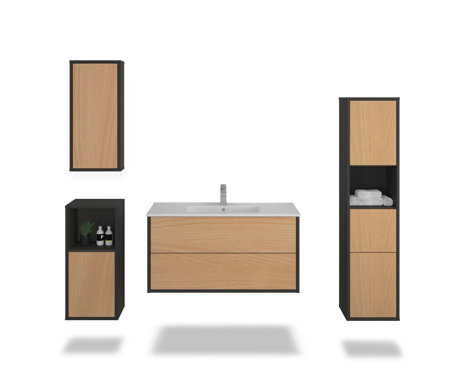 Badmöbelset - 4-Teilig Hades VI-II - Holz-Dekor/Anthrazit - Wandmontage - Push to Open - 100 cm