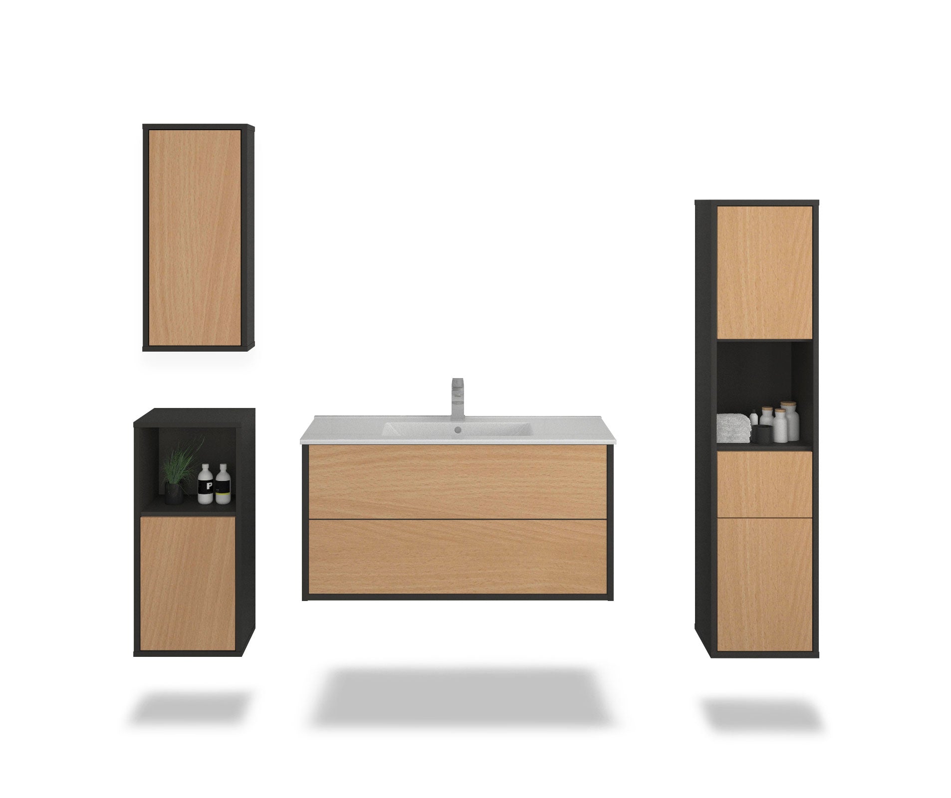 Badmöbelset - 4-Teilig Hades VII-II - Holz-Dekor/Anthrazit - Wandmontage - Push to Open - 100 cm