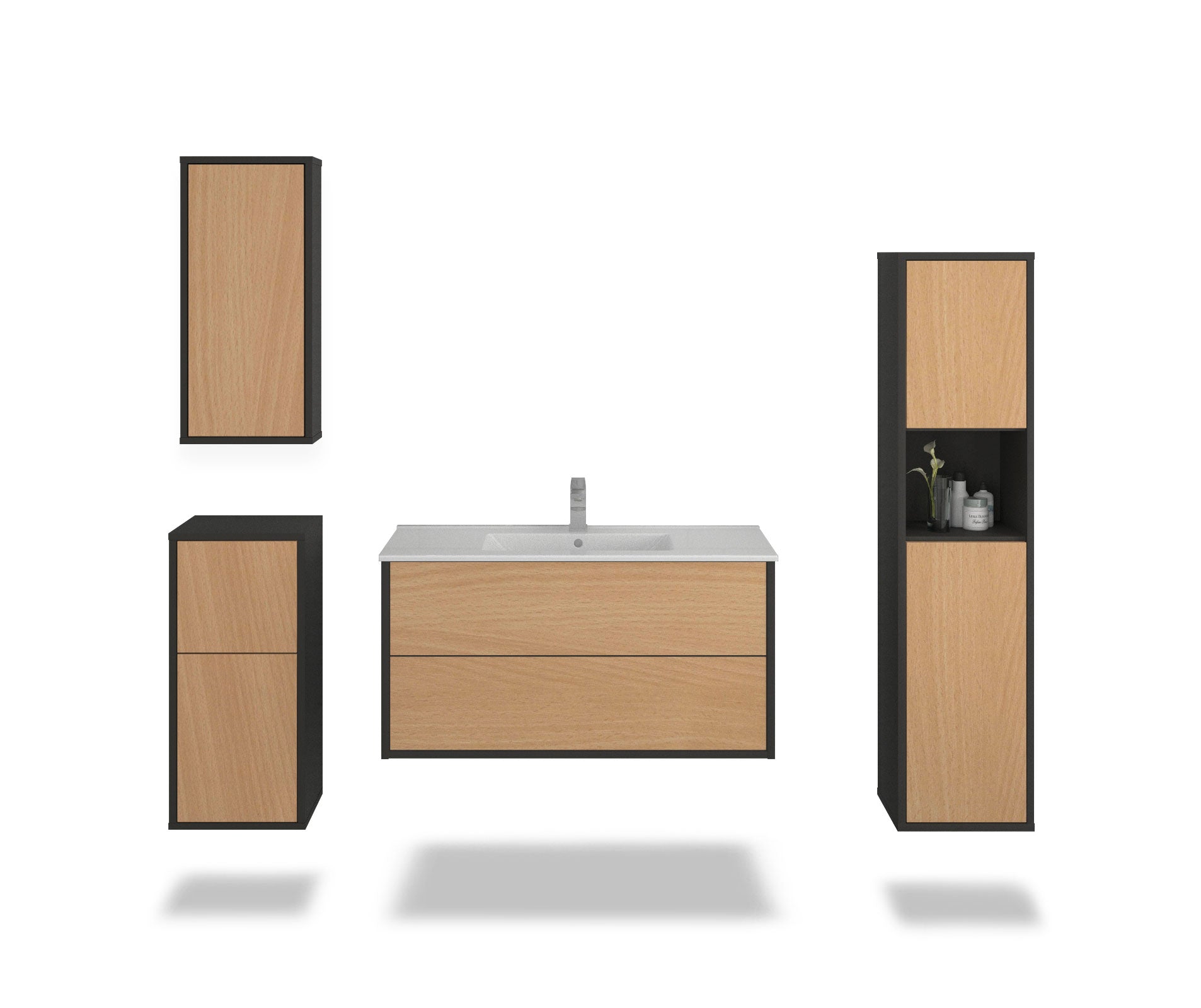 Badmöbelset - 4-Teilig Hades II-III - Holz-Dekor/Anthrazit - Wandmontage - Push to Open - 100 cm