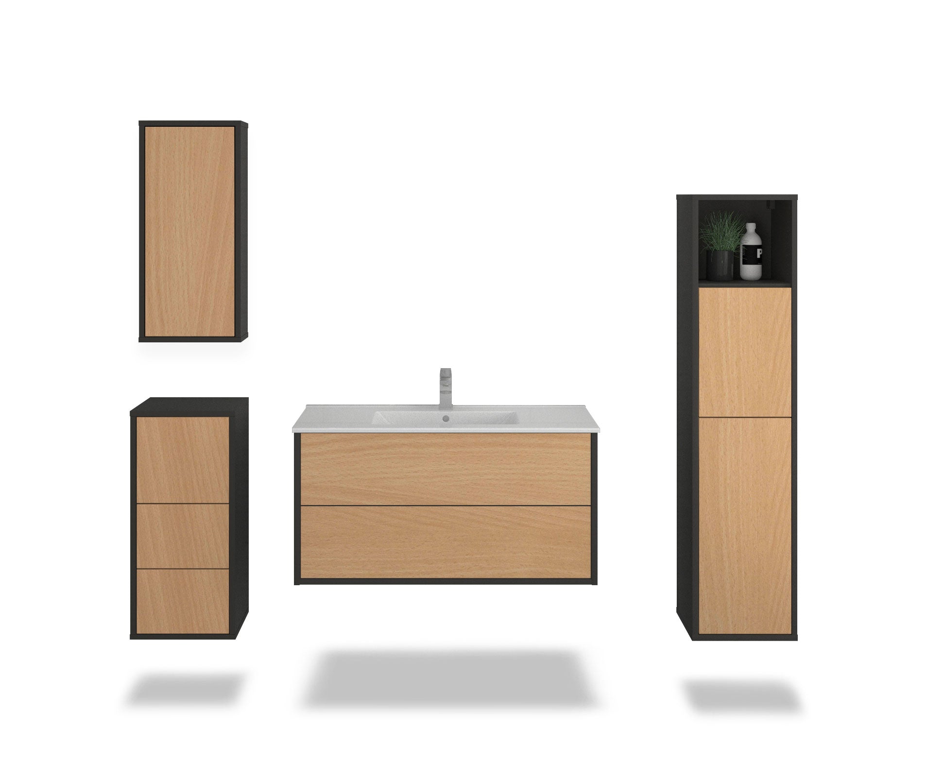 Badmöbelset - 4-Teilig Hades III-IV - Holz-Dekor/Anthrazit - Wandmontage - Push to Open - 100 cm