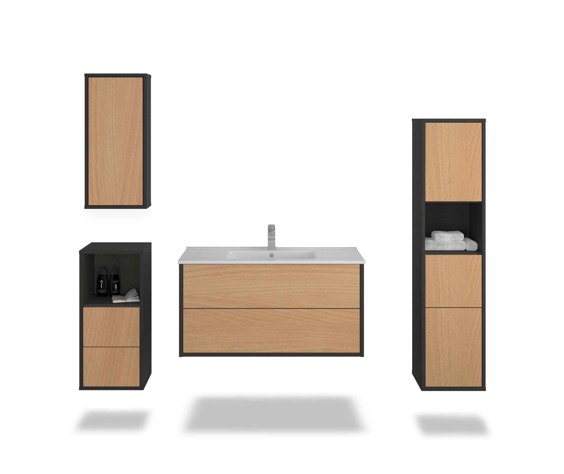 Badmöbelset - 4-Teilig Hades VI-V - Holz-Dekor/Anthrazit - Wandmontage - Push to Open - 100 cm