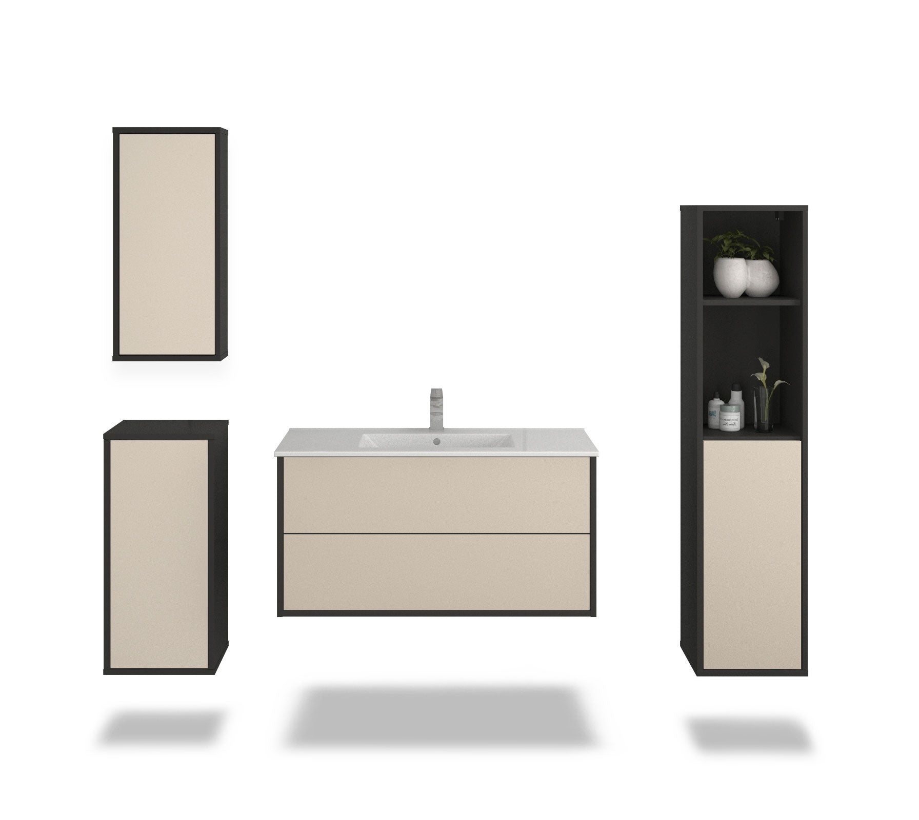 Badmöbelset - 4-Teilig Hades X-I - Unifarb-Dekor/Anthrazit - Wandmontage - Push to Open - 100 cm