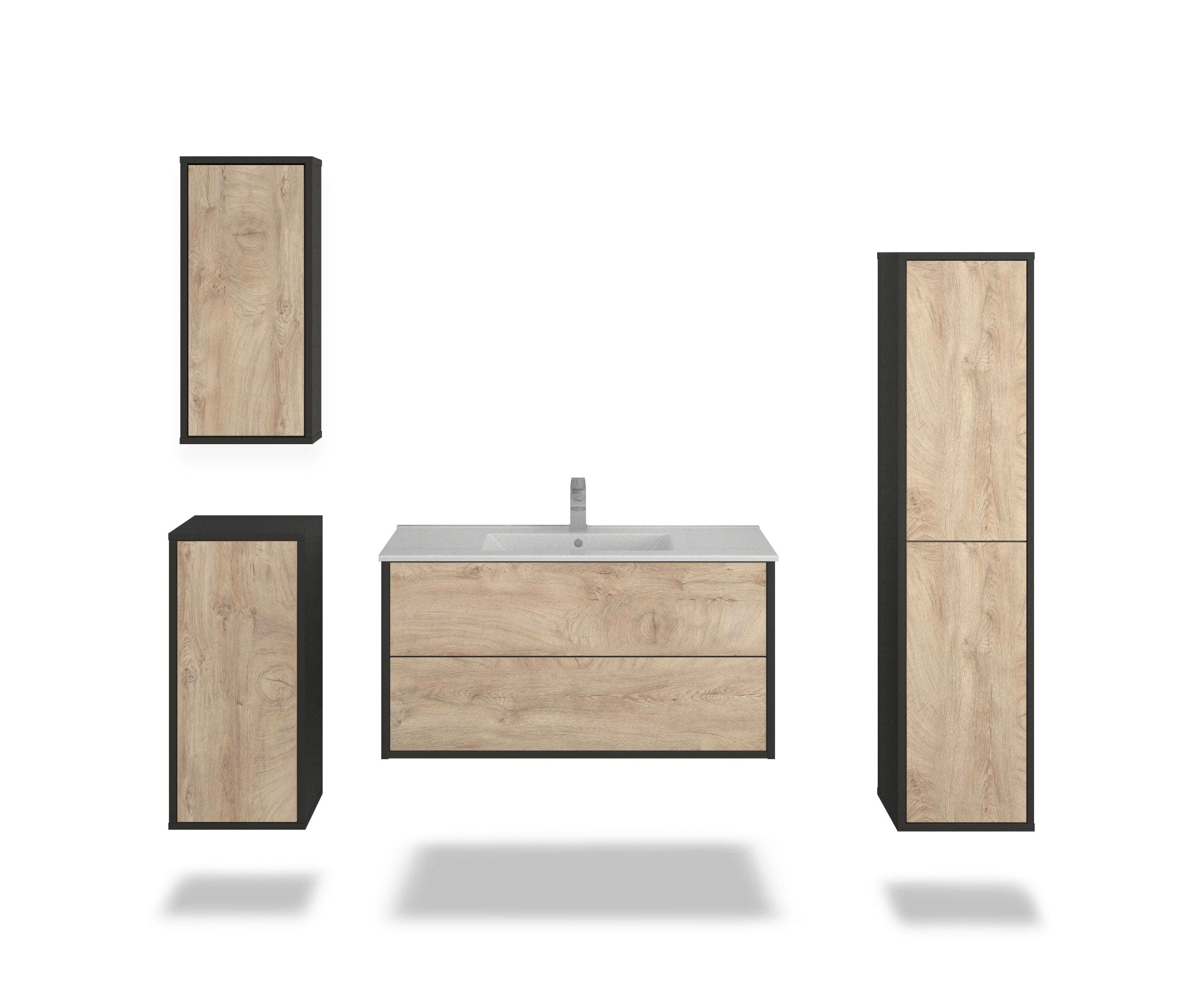 Badmöbelset - 4-Teilig Hades I-I - Holz-Dekor/Anthrazit - Wandmontage - Push to Open - 100 cm