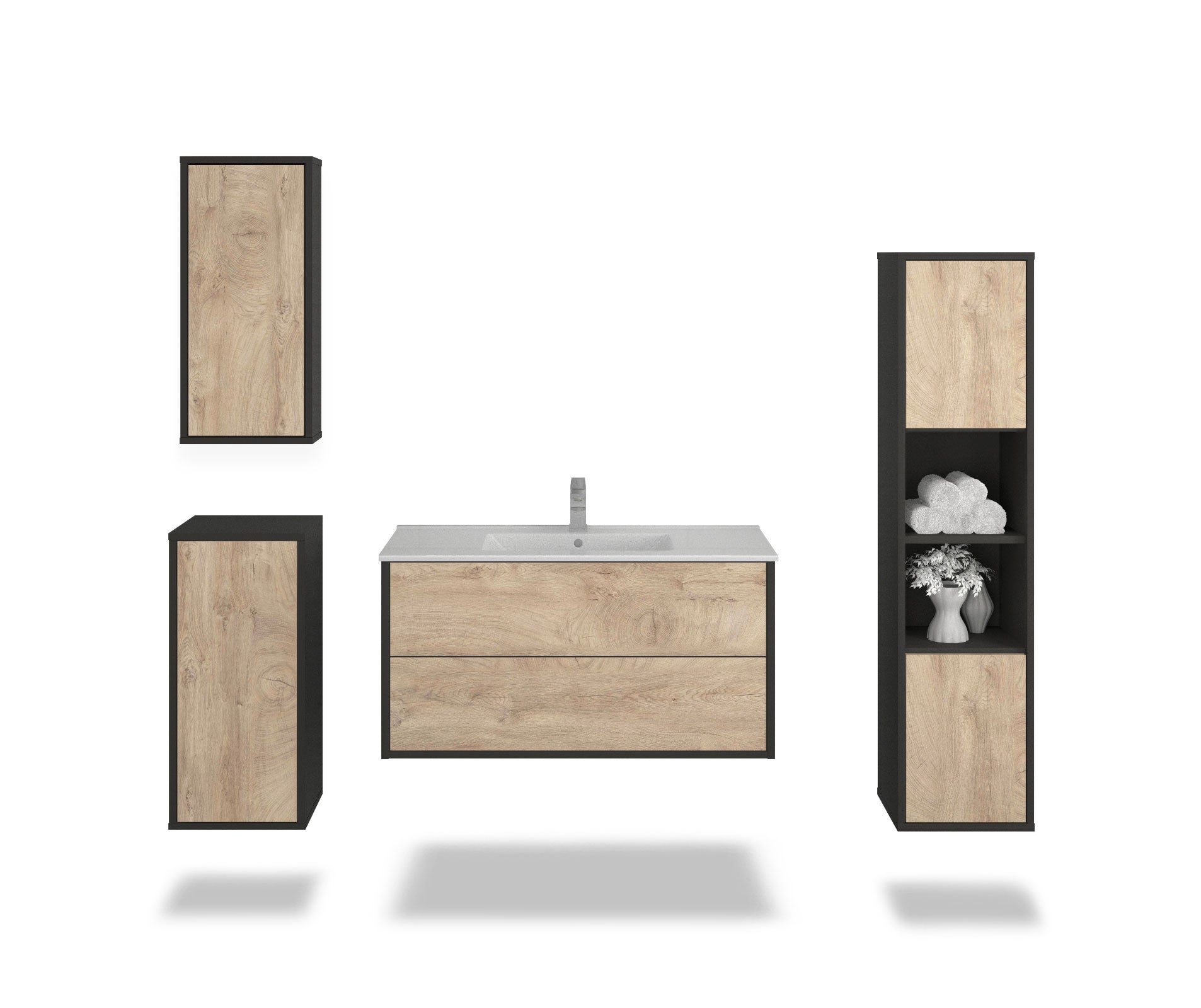 Badmöbelset - 4-Teilig Hades V-I - Holz-Dekor/Anthrazit - Wandmontage - Push to Open - 100 cm