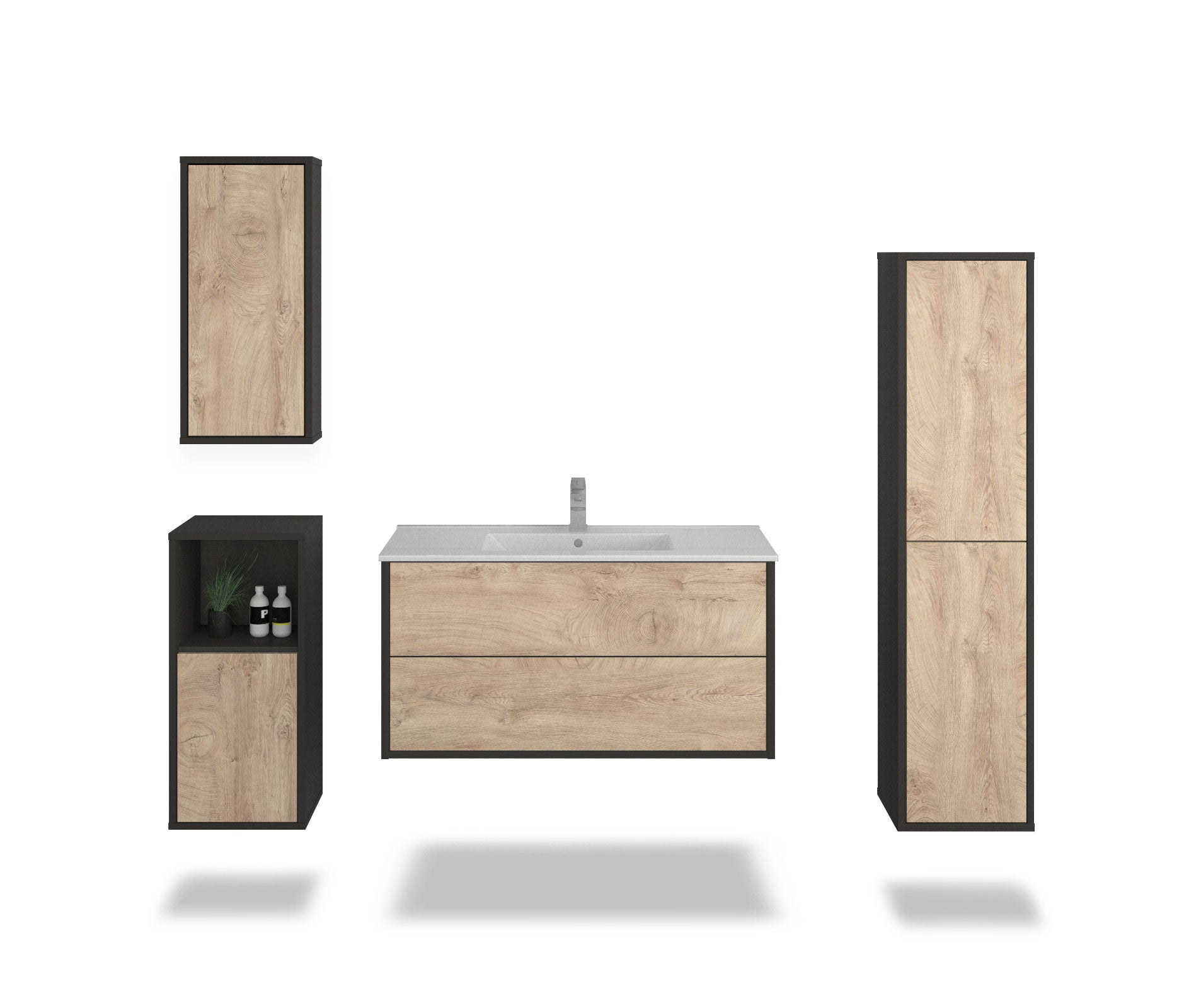 Badmöbelset - 4-Teilig Hades I-II - Holz-Dekor/Anthrazit - Wandmontage - Push to Open - 100 cm