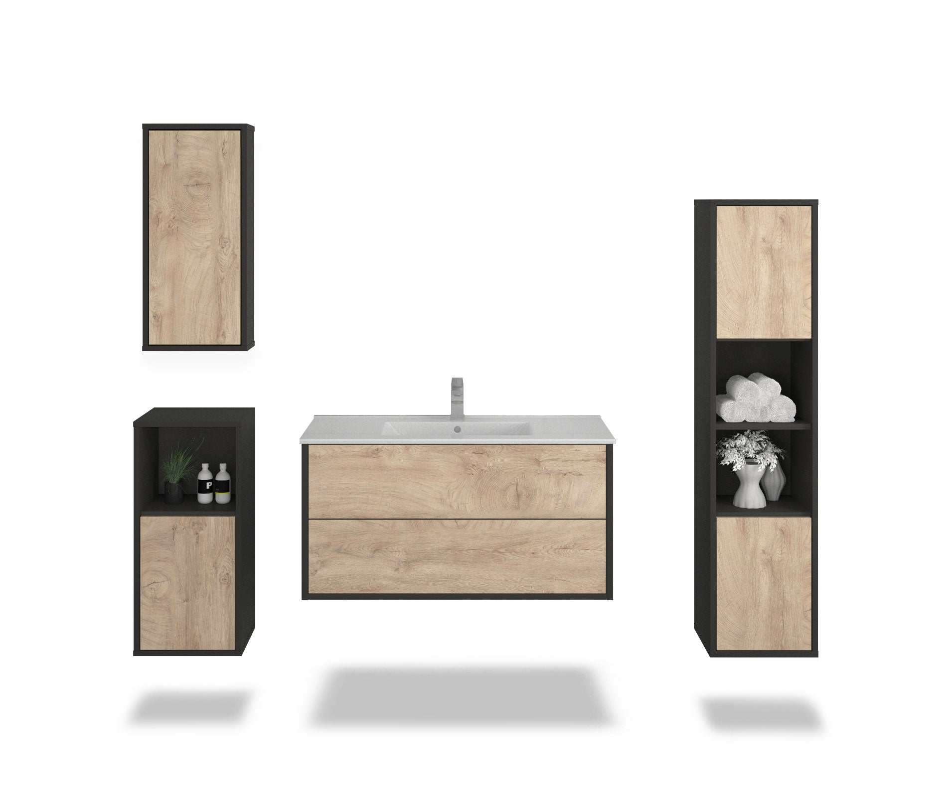 Badmöbelset - 4-Teilig Hades V-II - Holz-Dekor/Anthrazit - Wandmontage - Push to Open - 100 cm