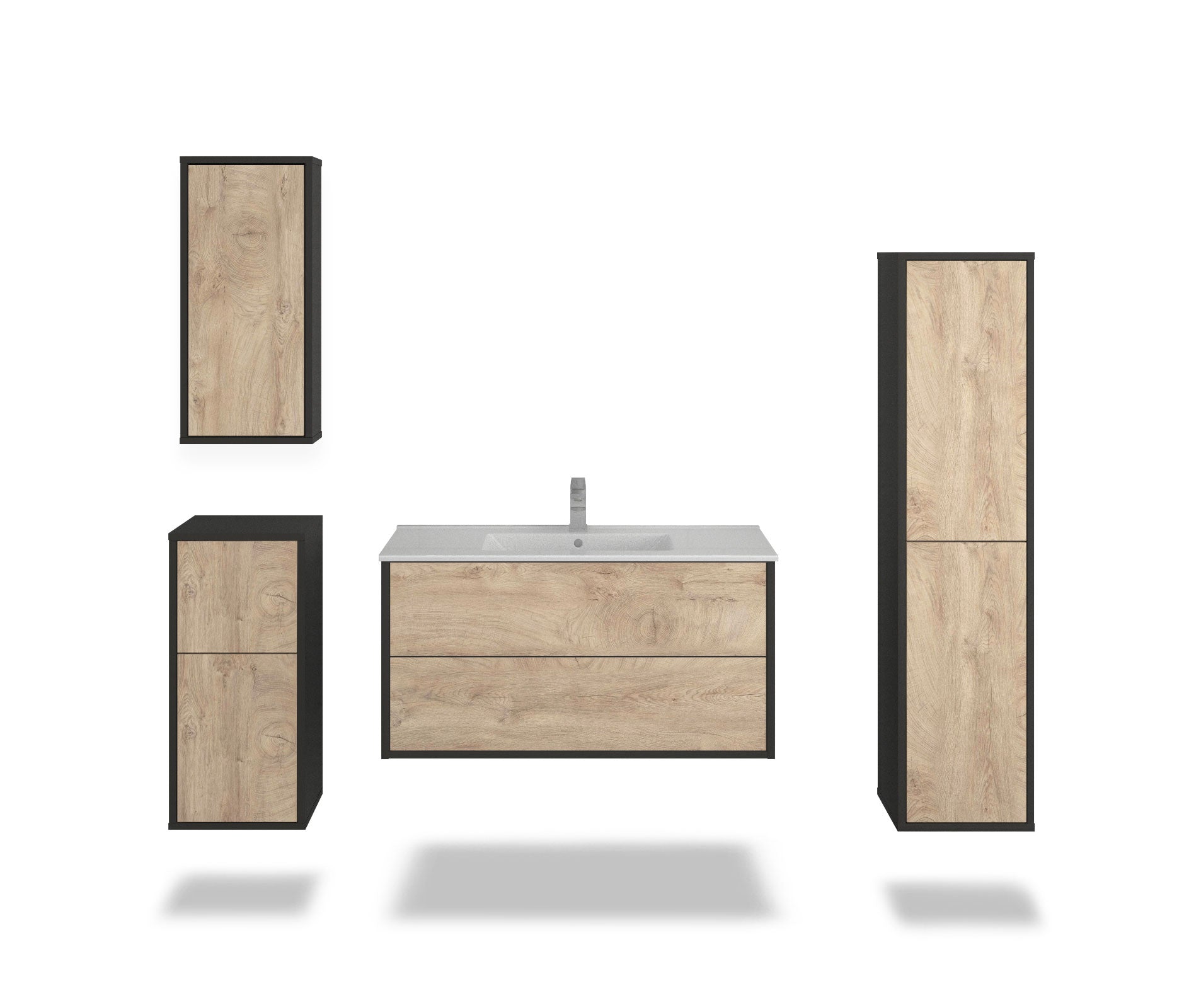 Badmöbelset - 4-Teilig Hades I-III - Holz-Dekor/Anthrazit - Wandmontage - Push to Open - 100 cm