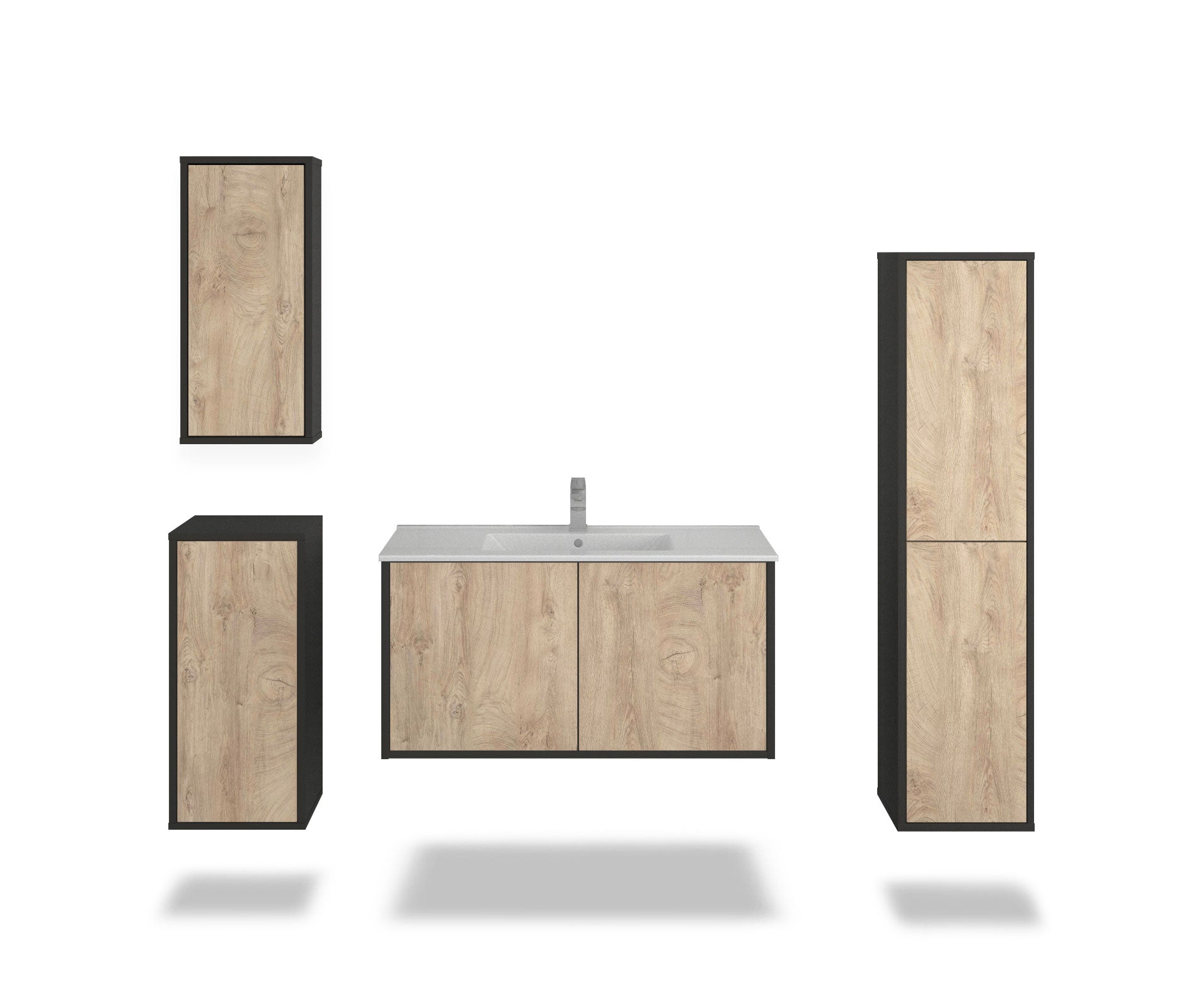 Badmöbelset - 4-Teilig Athene I-I - Holz-Dekor/Anthrazit - Wandmontage - Push to Open - 100 cm